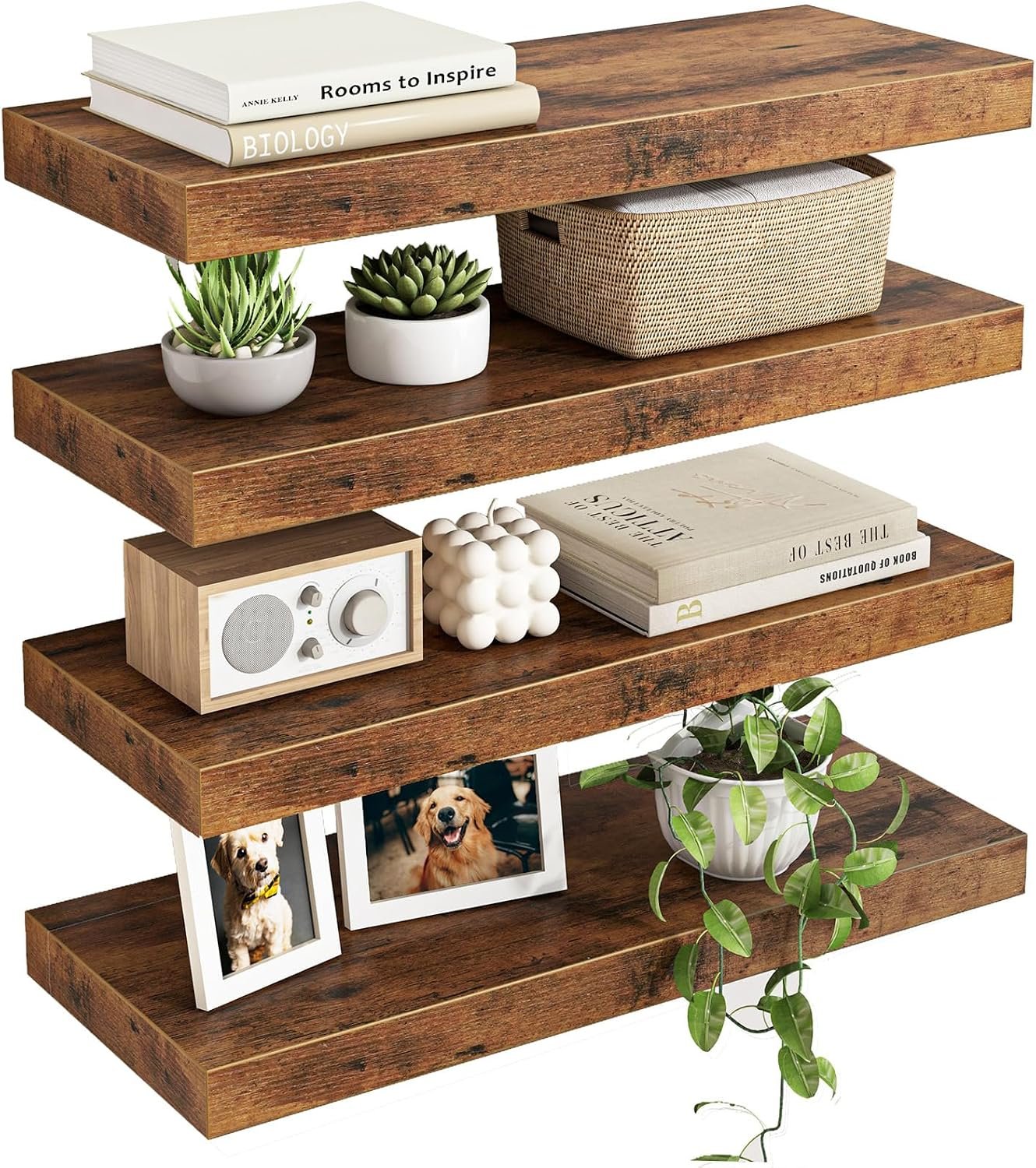 Fixwal Floating Shelves for Wall Decor (Rustic Brown, Set of 4, 15.7 Inch) | MDF Shelves with Metal Brackets, Space Saving for Books, Decor, Works in Bathroom, Kitchen, Living Room, Bedroom