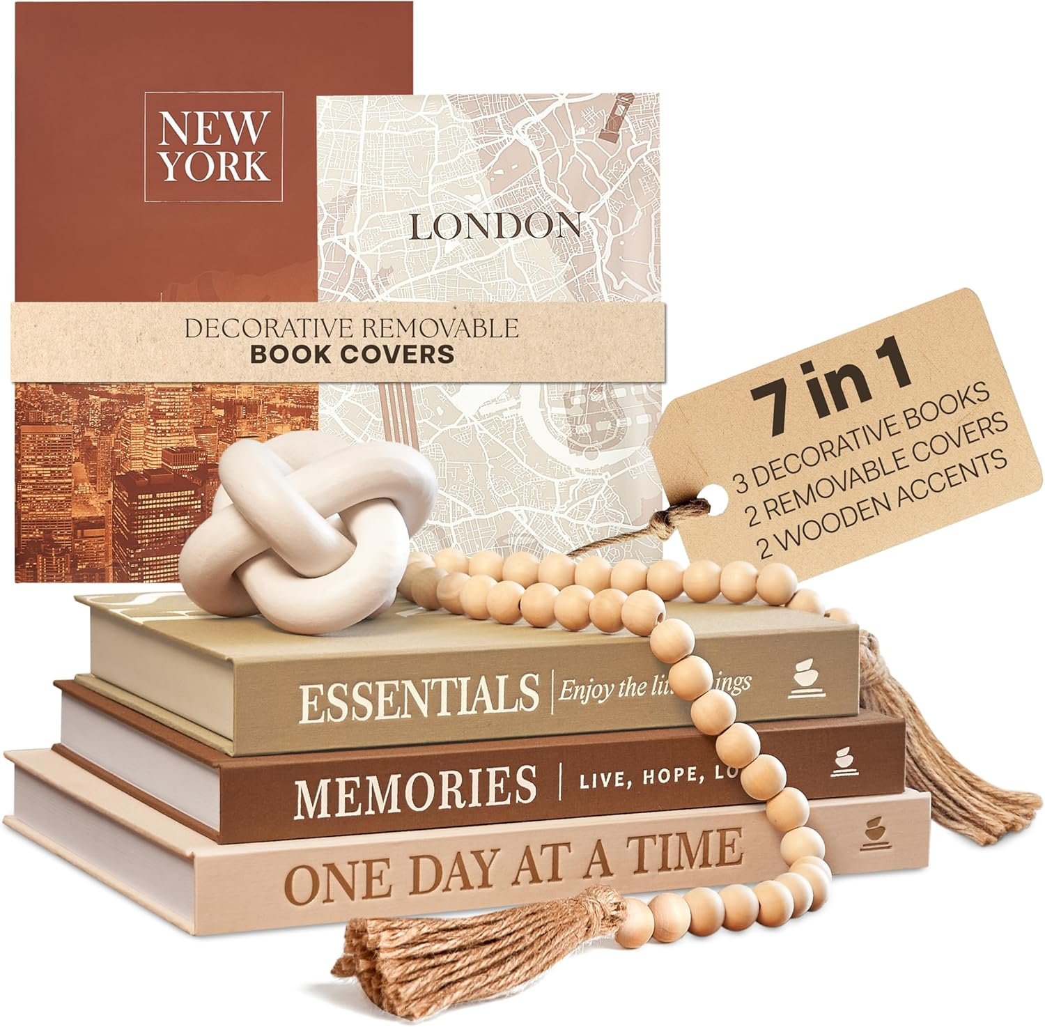 JULZEN Linen Decorative Books for Home Decor – Aesthetic Set of 3 Beige Fake Books for Coffee Table Decor with Faux Book Box Storage, Wood Knot & Bead Garland – Neutral Living Room Decoration
