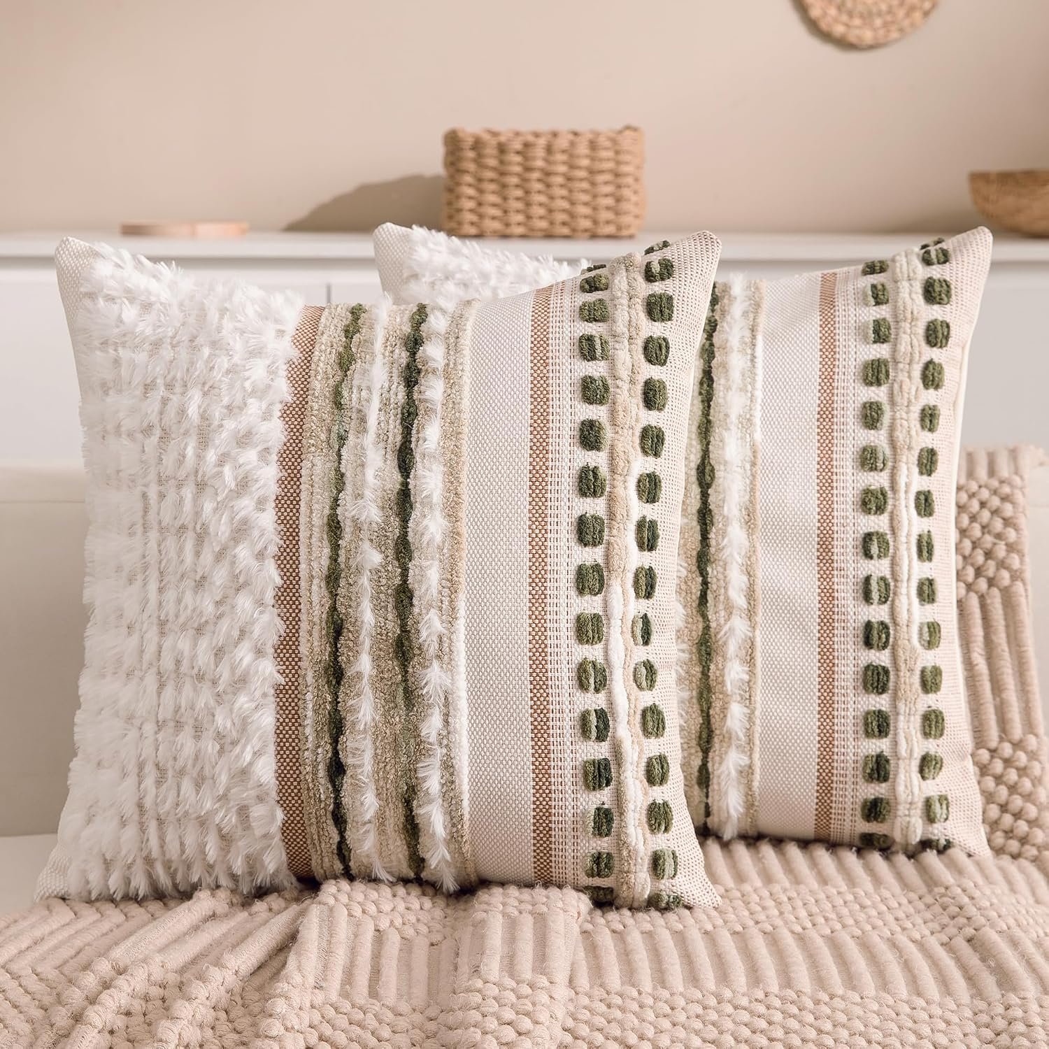 Boho Chenille Tufted Couch Throw Pillow Covers 18×18 Inch Set of 2 Farmhouse Striped Decorative Pillow Covers Accent Neutral Square Pillowcase Green Cushion Covers for Livingroom Sofa Bed