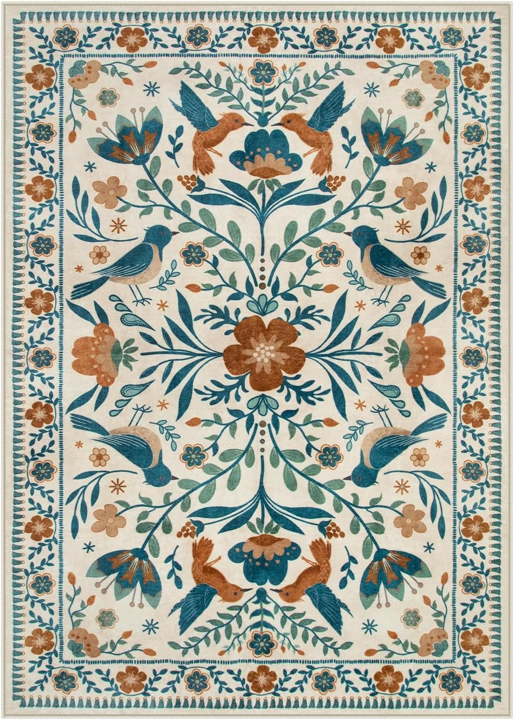 Moynesa Bedroom Rug 5×7, Washable Modern Bohemian Area Rugs for Living Room Dining Room, Farmhouse Floral Bird Print Pattern Carpet, Retro Home Decor Open Floor Areas Non-Slip Protection