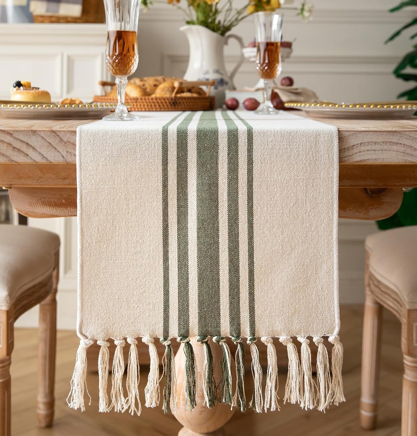 Boho Table Runner for Modern Farmhouse Decor, Dining Table décor 13 x 90 Inch Long with Handcrafted Tassels, Green and Beige Stripe Table Runner for Home Boho décor
