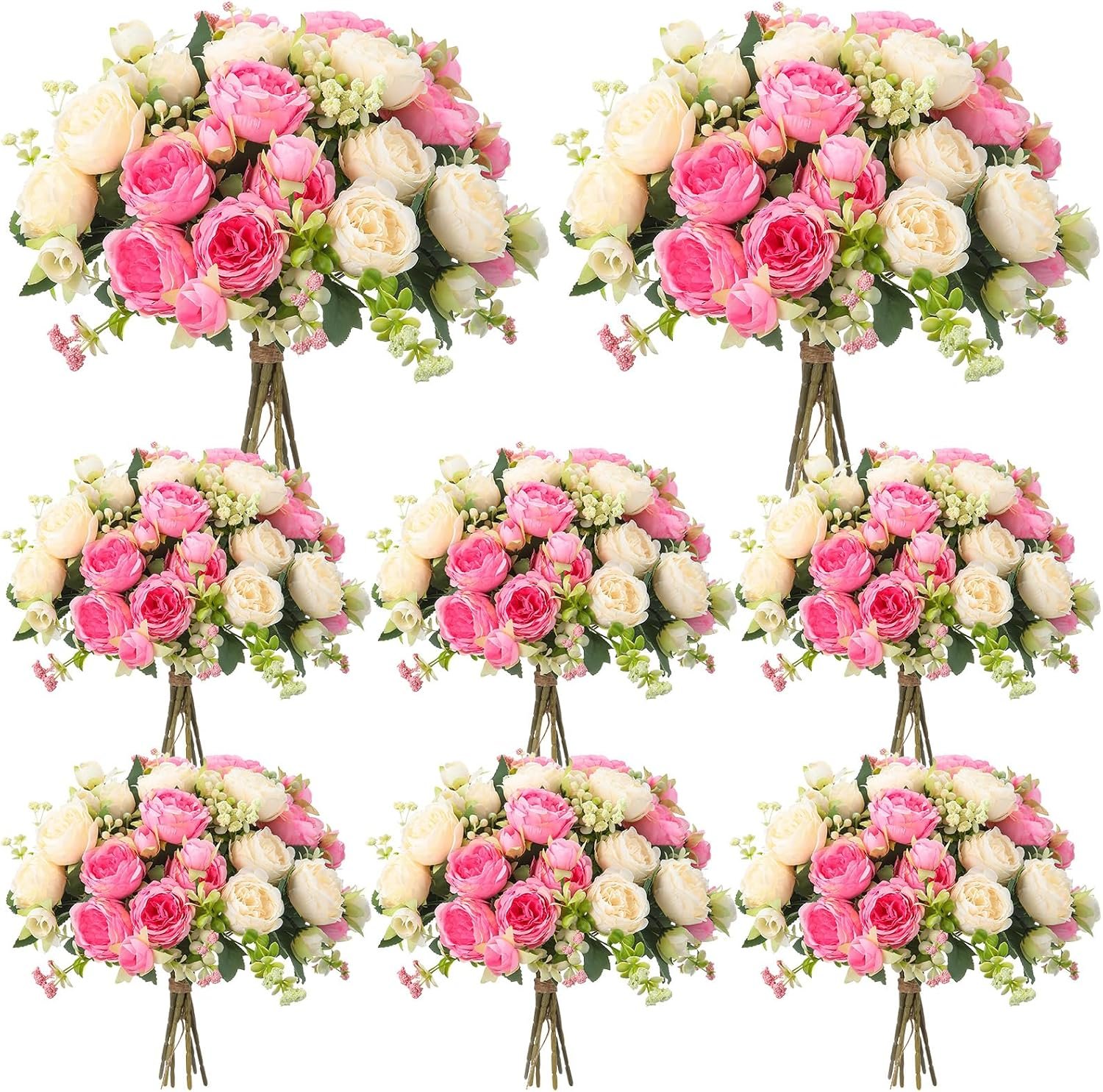 Geosar Artificial Peonies Flowers,Pink, Champagne,8 Bundles | Fake Silk Peony Flowers, Faux Bouquet Bulk for Wedding Party, Table Centerpieces, Vase Arrangements Decorations