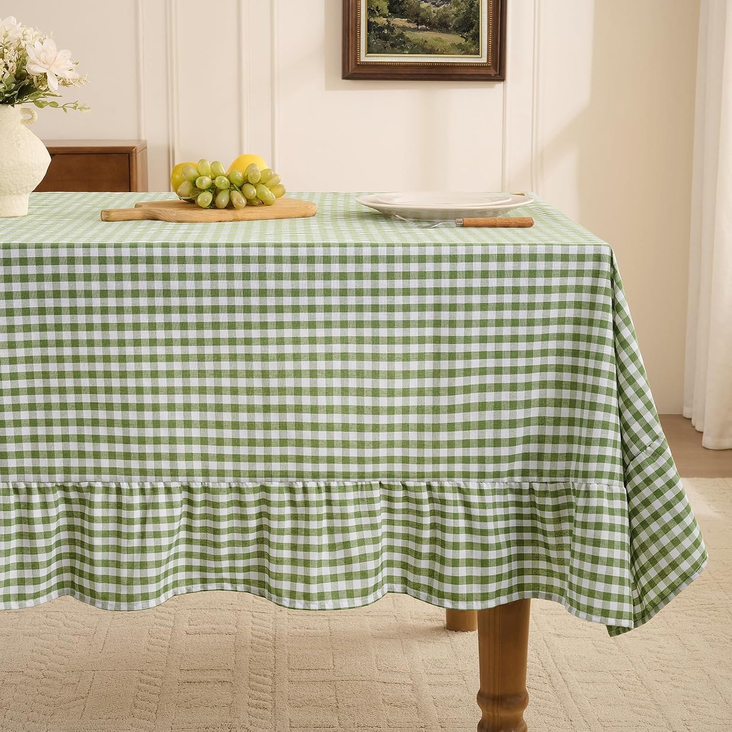 Romanstile Gingham Ruffled Tablecloth Rectangle – Waterproof Linen Cotton Checkered Table Cloth, Outdoor Plaid Table Cover for Picnic, Camping, Party – 60 x 84 Inch, Sage