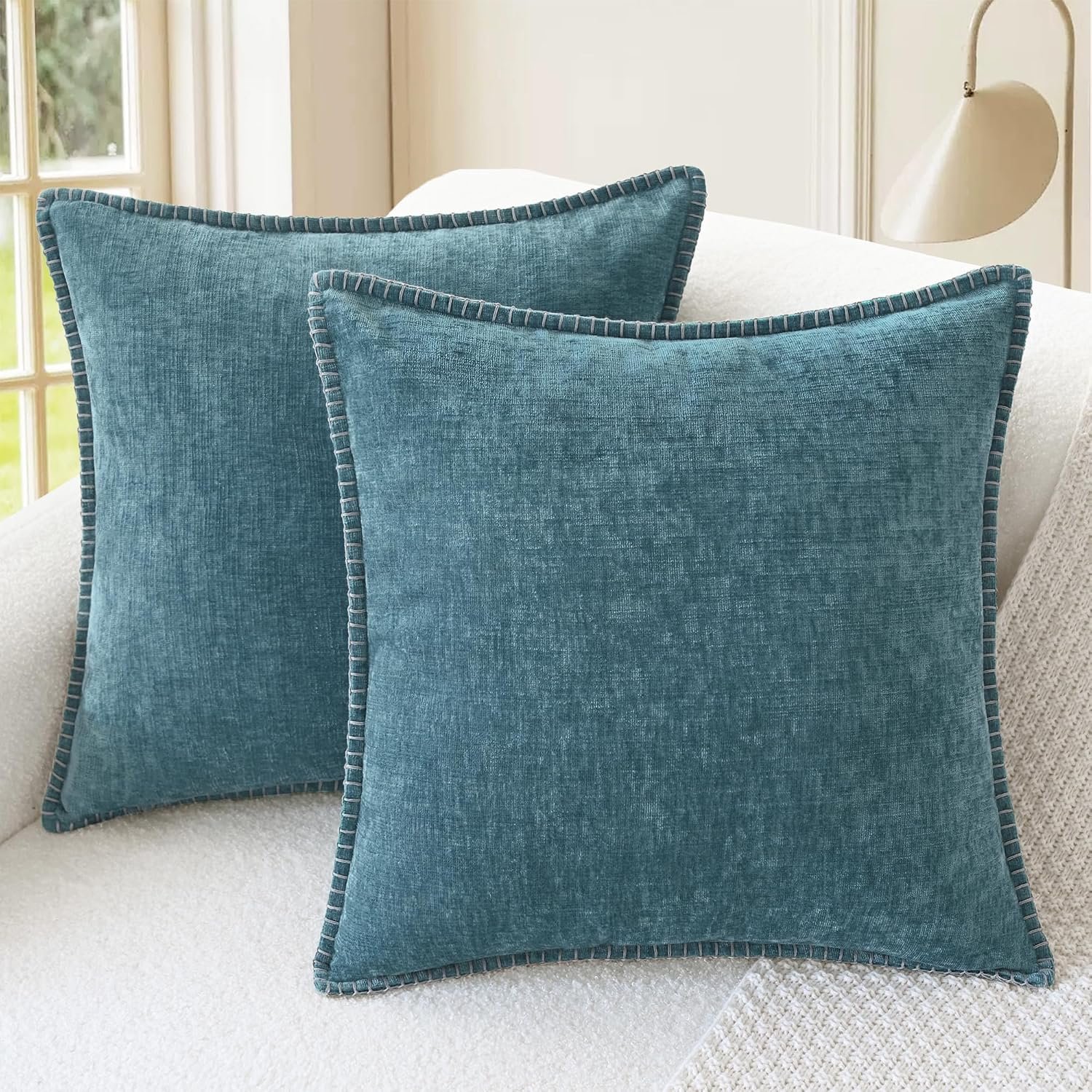 CaliTime Decorative Couch Throw Pillow Covers 18 X 18 Inches Smoke Blue | Pack of 2, Cozy Chenille Cushion Cases, Cotton Thread Stitching Edges, for Sofa Bed Living Room Farmhouse