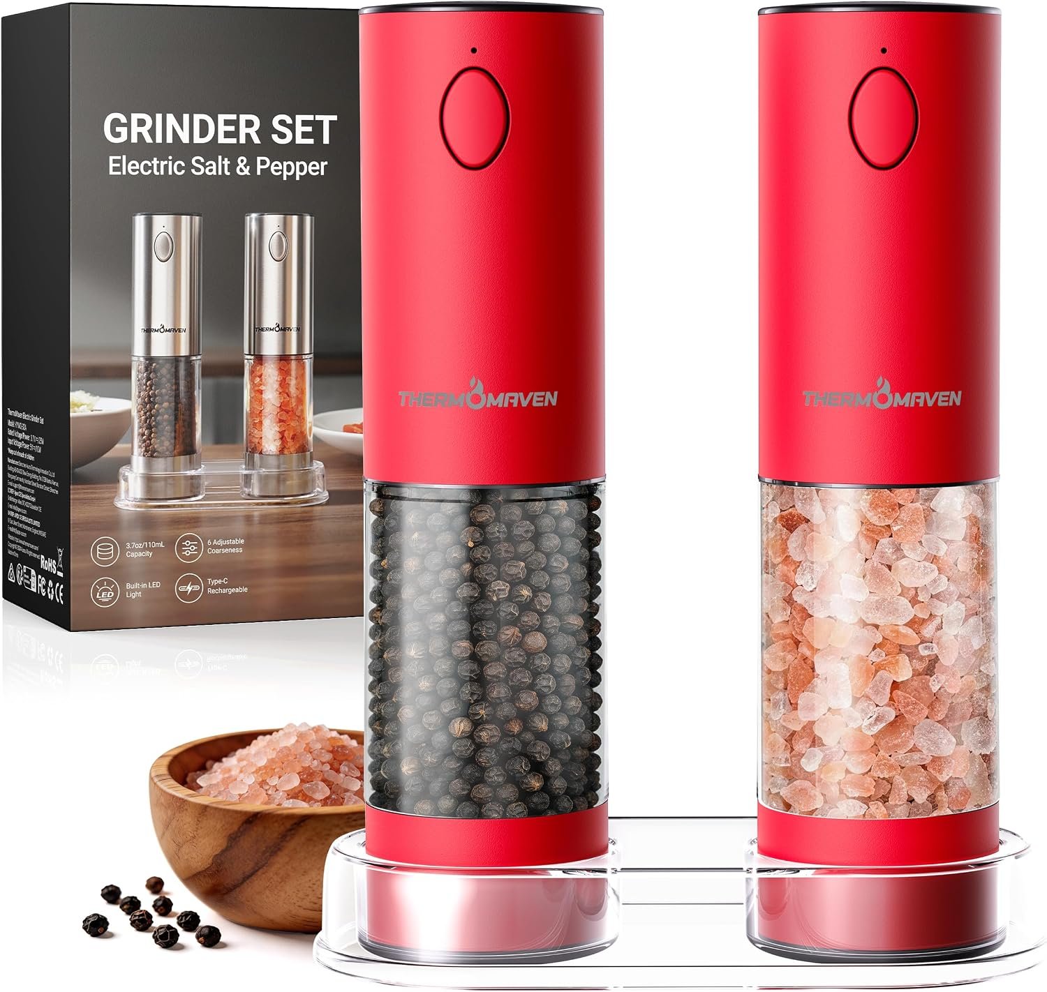 ThermoMaven Electric Salt and Pepper Grinder Set, 110ml Larger Rechargeable Automatic Salt and Pepper Mill Grinder with 6 Adjustable Coarseness, Electric Salt and Pepper Shakers, LED, 2 Packs, Red