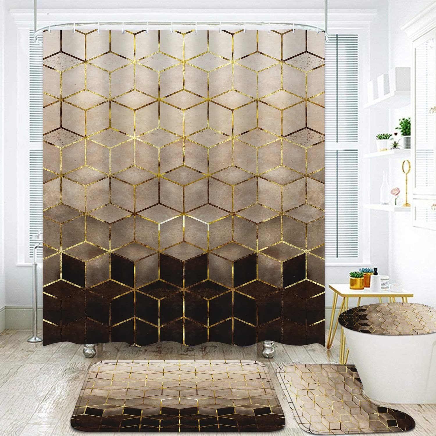 LQCOOL 4Pcs Brown Shower Curtain Set, Gradient Bathroom Set with Rugs | Modern Bathroom Decor Geometric Shower Curtain for Bathroom with 12 Hooks, Non-Slip Rugs Bath Mat and Toilet Lid Cover