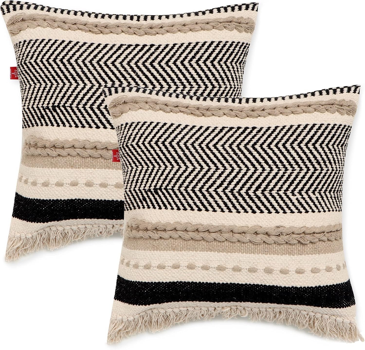 · REDEARTH · Boho Textured Handwoven Throw Pillow Cases Chevron Maze Black | 100% Cotton, 18×18″; Woven Tufted Decorative Farmhouse Cushion Covers; Set for Couch, Sofa, Bed, Chair, Dining, Covered Patio