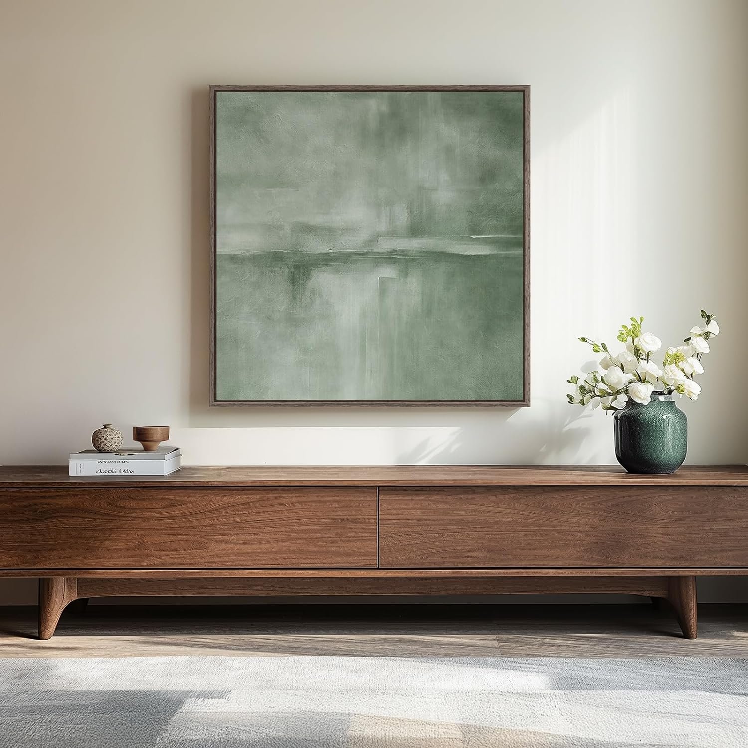Framed Green Abstract Wall Art, Modern Sage Green Canvas Prints Artwork for Walls, Contemporary Minimalist Square Pictures for Living Room Bedroom Dining Room Hallway Office Wall Decor 30×30 In