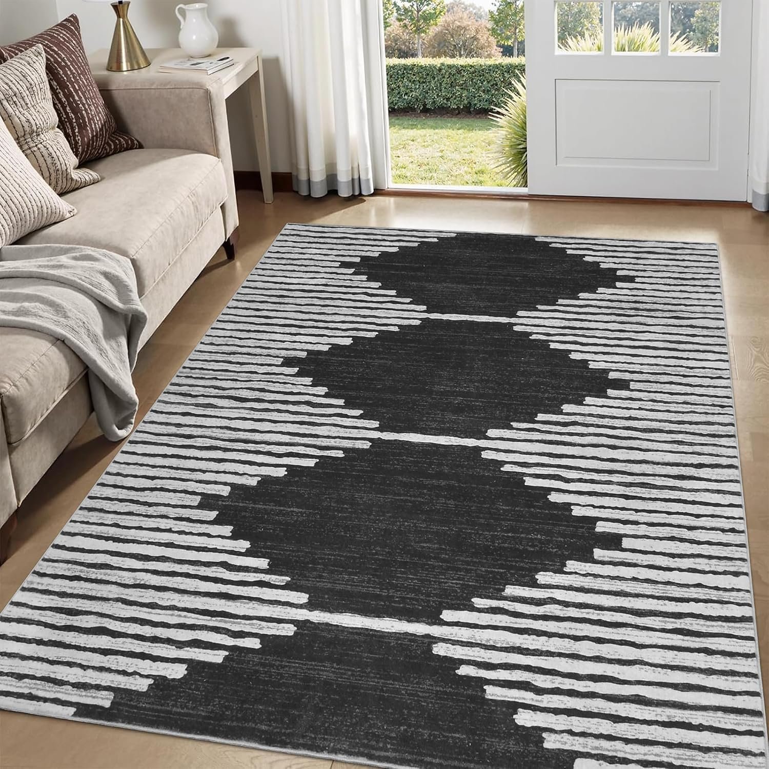 HelloTree Area Rug 3×5 Geometric Rug,Washable Modern Neutral Stain Resistant Indoor Carpet Boho Living Room Moroccan Rugs Fluffy Rug for Living Room Bedside Room Decor for Family-Black