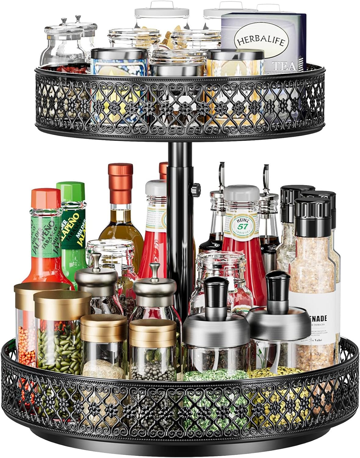2 Tier Lazy Susan Organizer – Adjustable Rotating Spice Rack 12 inch | Floral Turntable Lazy Susan for Cabinet Pantry Kitchen Countertop Table Top Cupboard Bathroom Vanity Storage Metal Black