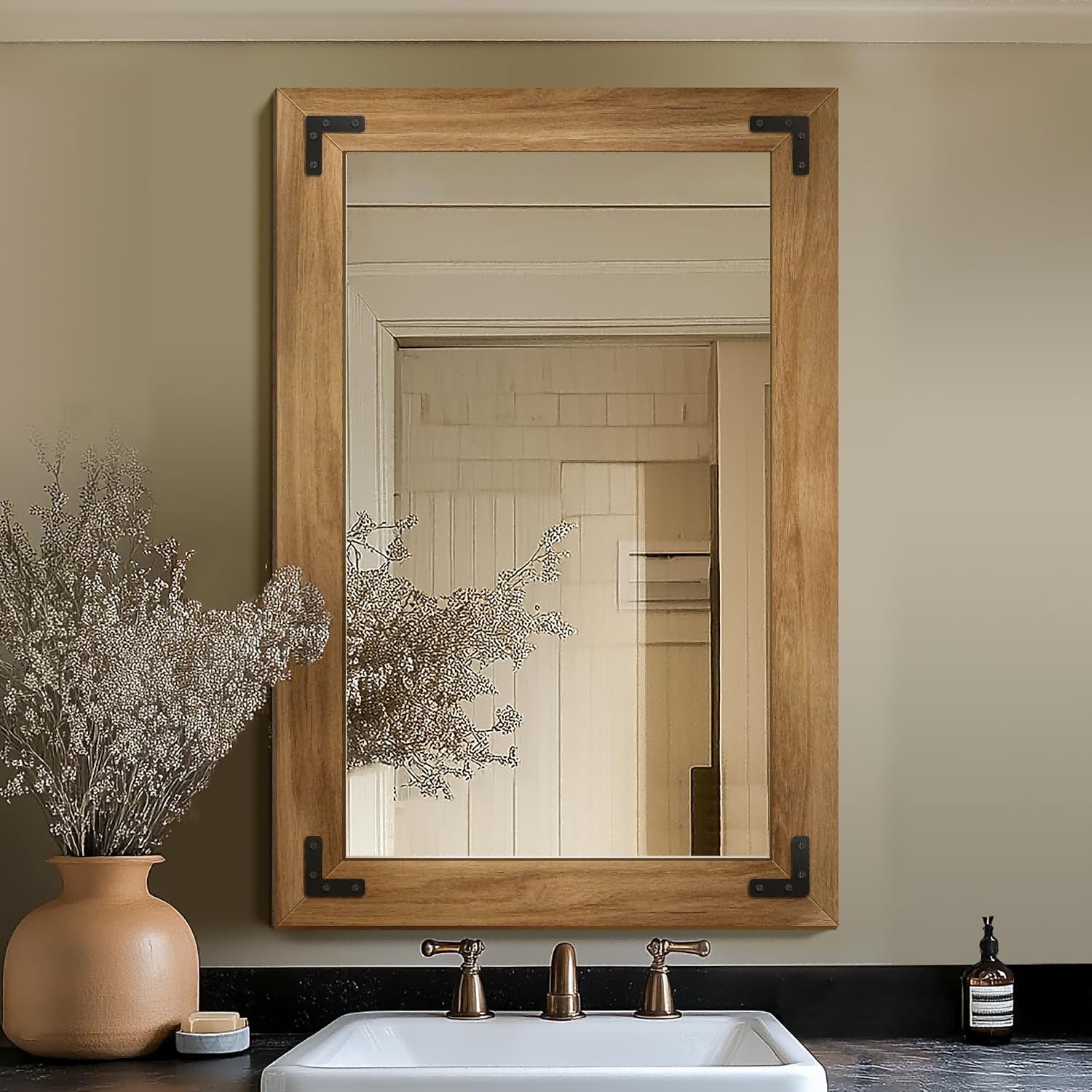 Wood Framed Bathroom Vanity Mirror for Wall, 24″x36″ Farmhouse Mirror | Solid Wood Frame, HD Shatterproof Glass, Vertical/Horizontal Hanging, Ideal for Bathroom, Living Room, Bedroom