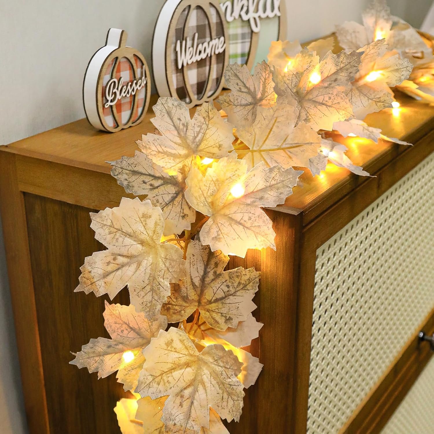 Timer – 2 Pack Fall Decor Lighted Fall Garland with Lights Battery Operated | Fall Decorations for Home, Lighted Maples Leaves Garland Total 13Ft 40LED Autumn Halloween Thanksgiving Indoor Outdoor Decor