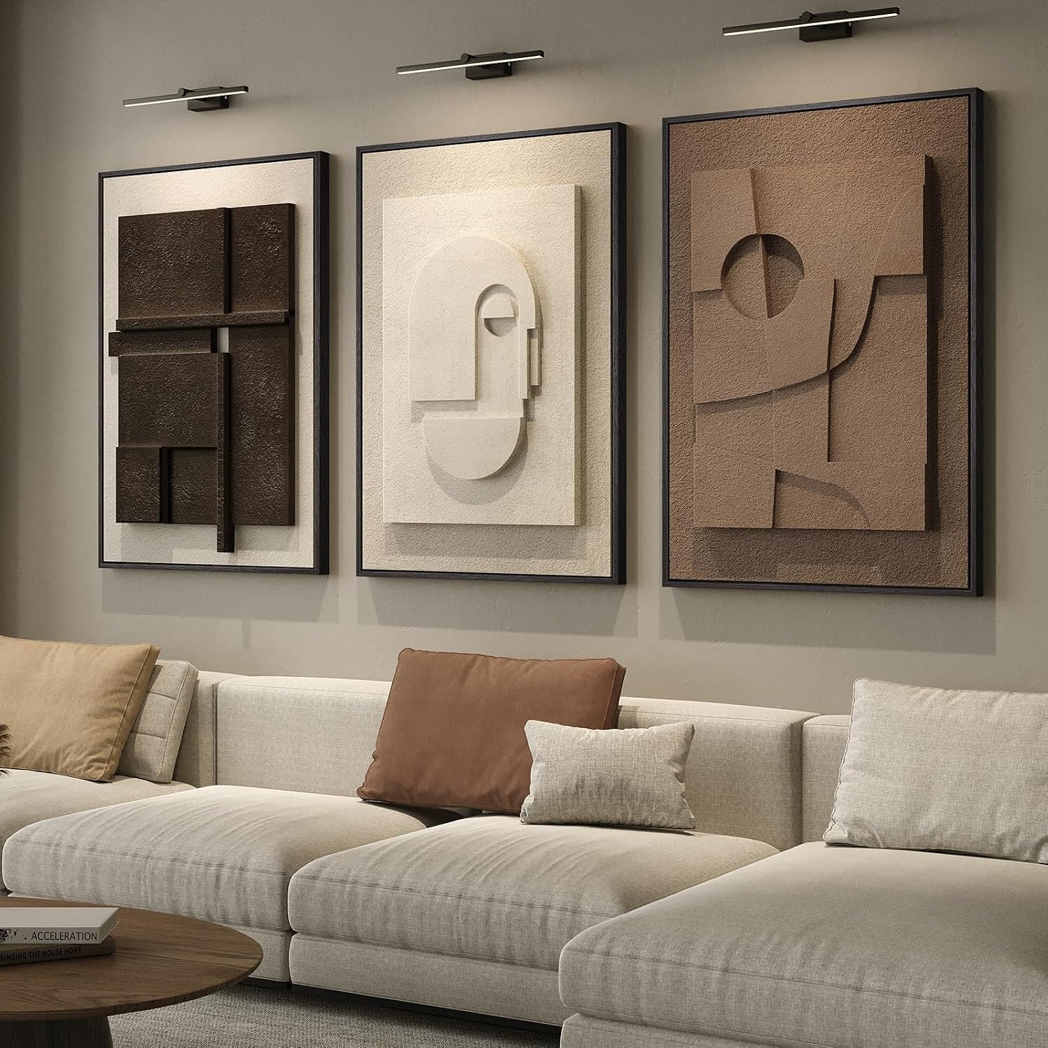 3D Large Framed Brown Abstract Wall Art for Living Room, 3Piece 24×36 In | Solid Wood Frames, Sandstone Textured Artwork for Walls, Black White Geometric Sculptural Pictures Wall Decor Bedroom Office