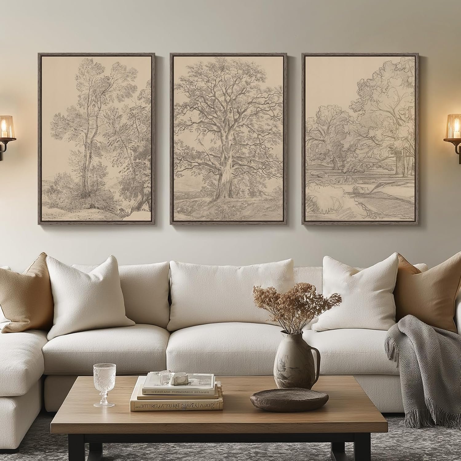 Large Vintage Framed Neutral Landscape Wall Art for Living Rooms, 3 Piece Retro Big Tree Sketch Botanical Forest Antique Canvas Artwork Set, Rustic Nature Wabi Sabi Art Prints for Hallway Home Office 24×36 Inch