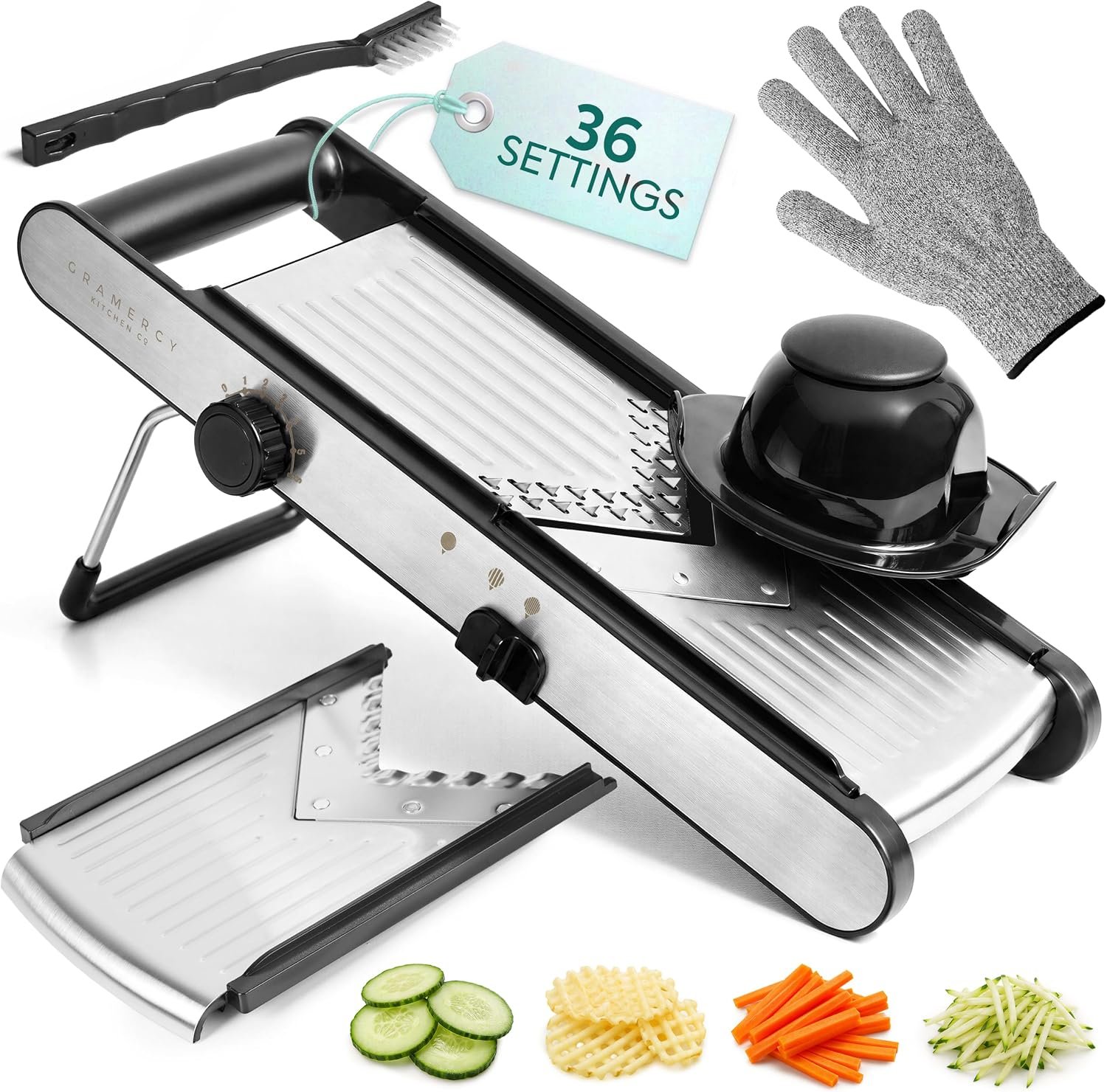 Gramercy Mandoline Slicer for Kitchen, Adjustable V-Blade, 36 Slice Options | Make Even Cuts with One Dial, 6 Thickness Levels, Straight, Waffle-Edge, Thick, Julienne, Safety Lock, Gloves, Cleaning Brush
