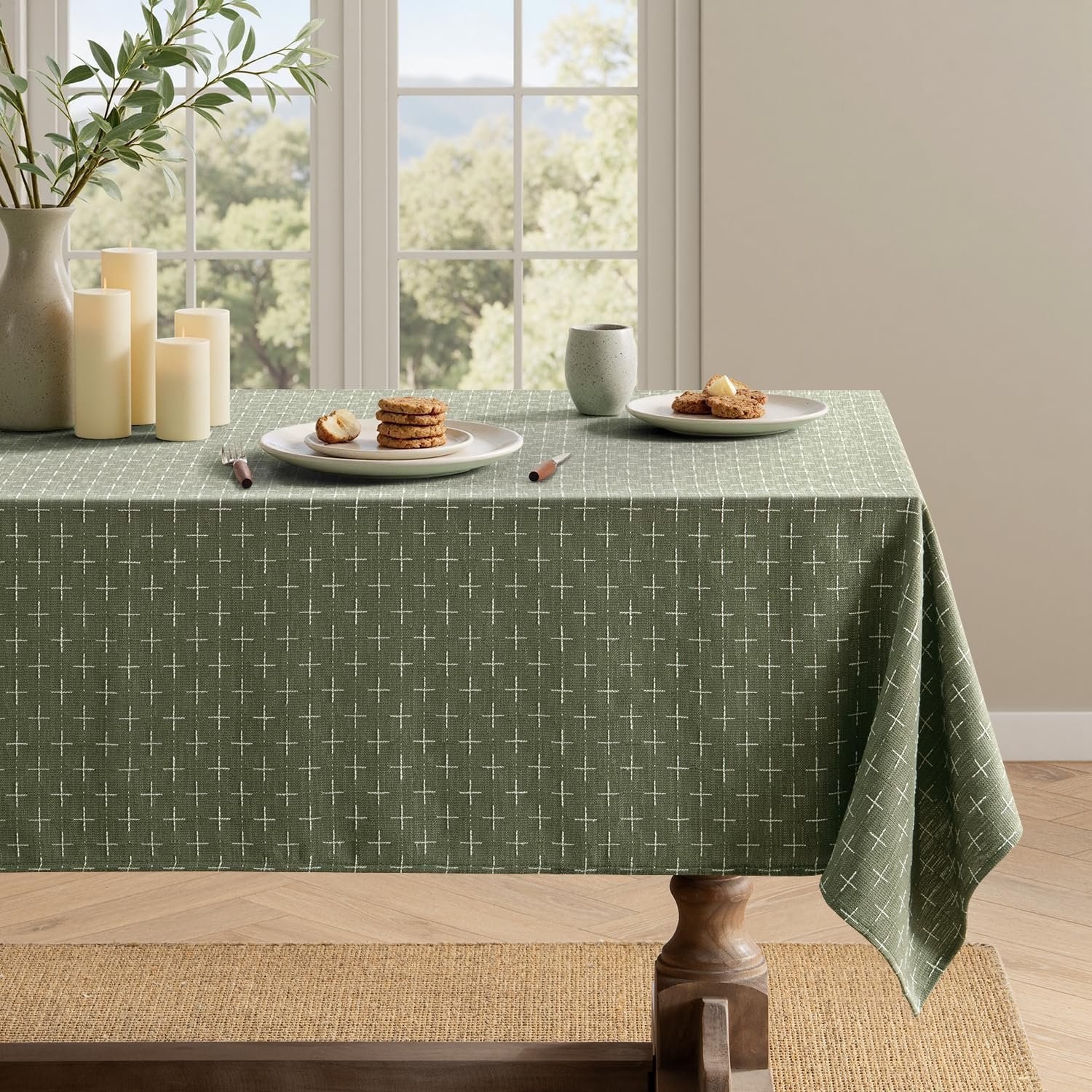 MIULEE Olive Green Rectangle Cross-Star Textured Table Cloth 60×84 Inch | Waterproof Stain Resistant & Shrink-Proof Tablecloth, Washable Farmhouse Style for Dining, Wedding, Kitchen, Party, Outdoor