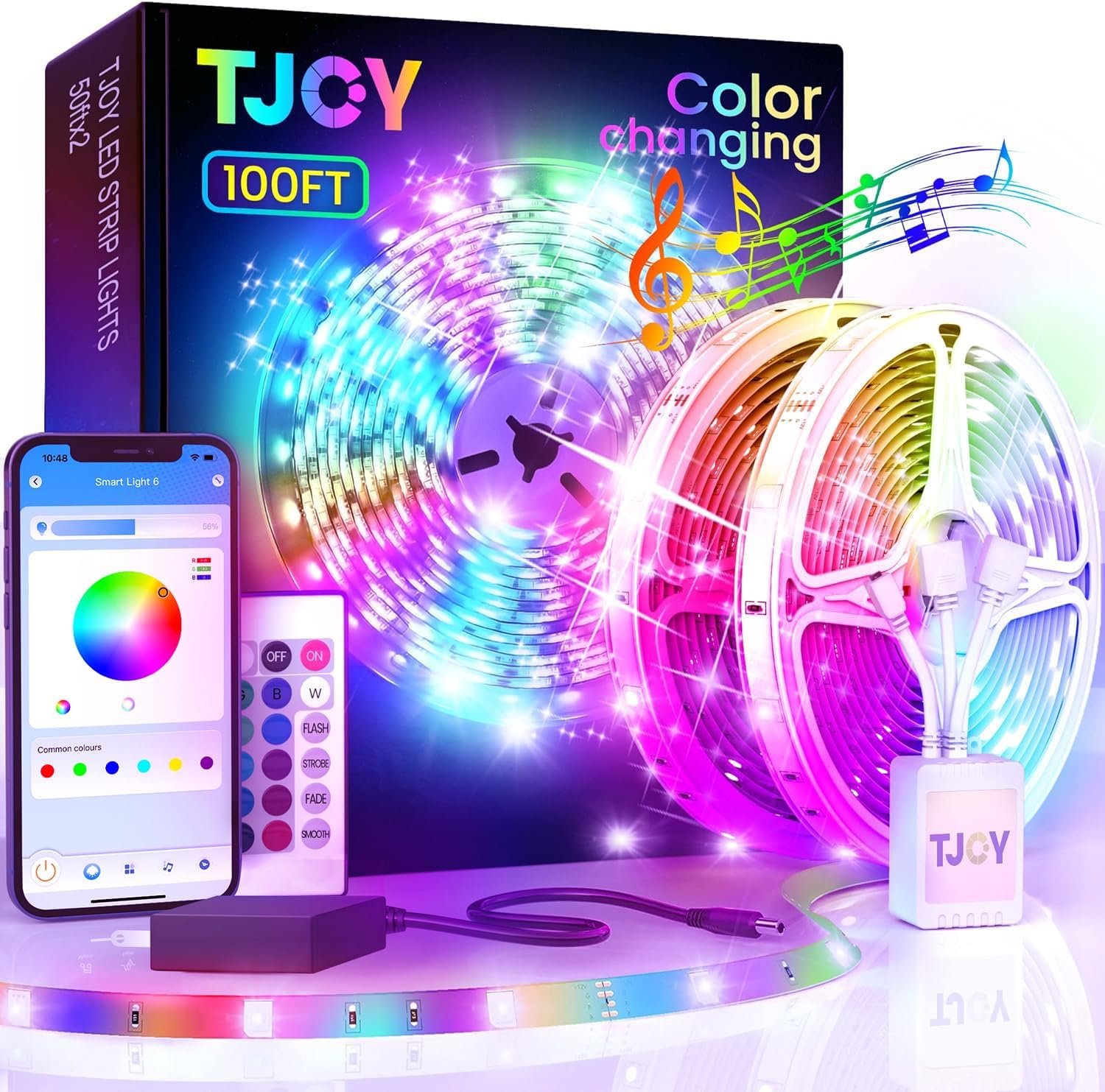 TJOY LED Lights for Bedroom 100ft, RGB Color Changing Led Strip Lighting | Remote and Smart APP Control, Music Sync Rope Lights via Bluetooth for Kitchen, TV, Room Decor, Strong Adhesive, DIY