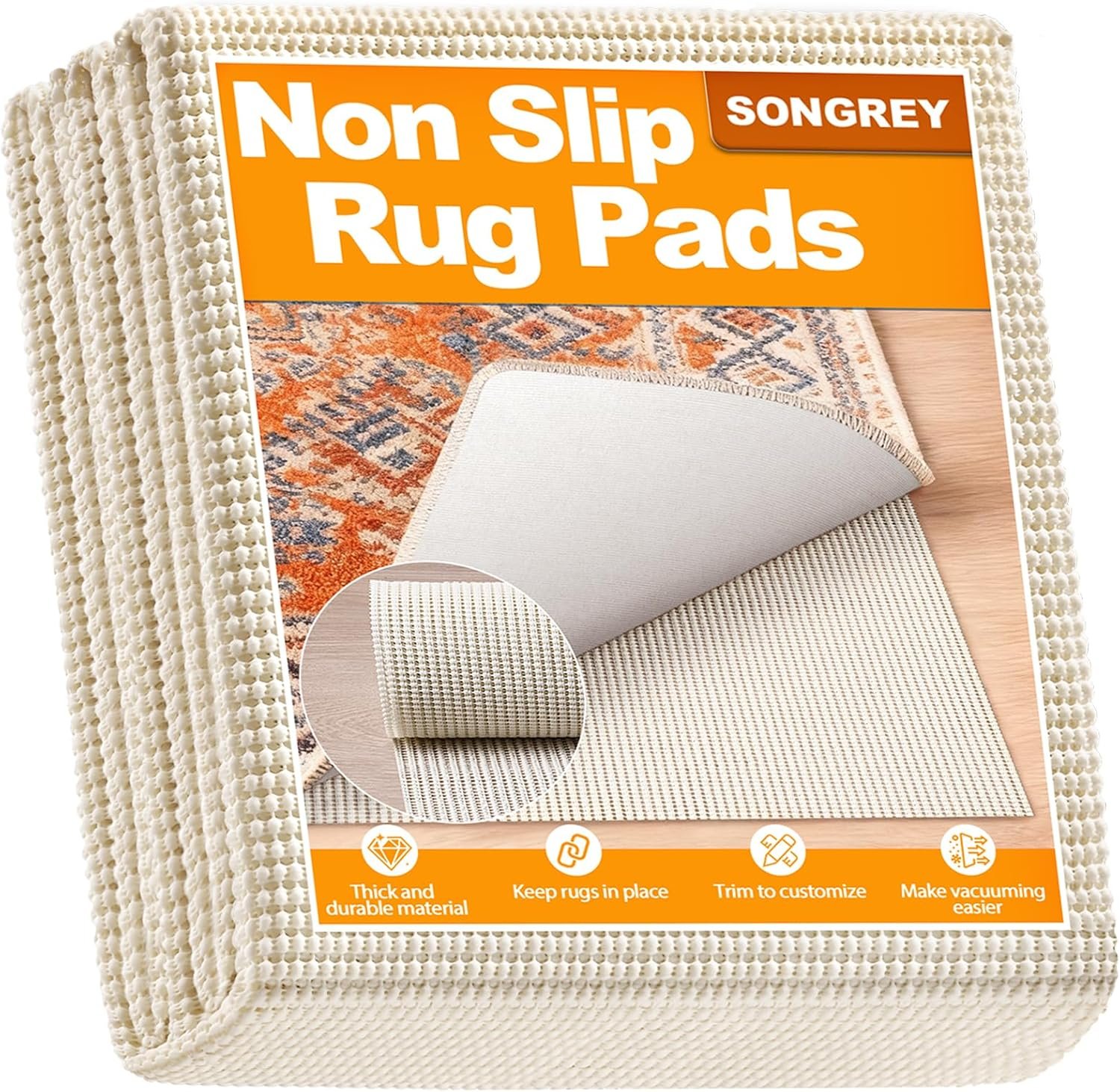 Songrey Non-Slip Rug Pad 5×7 FT, White | Extra Thick Carpet Pads for Hard Surfaces, Prevent Sliding and Secures Rugs, Provide Floor Protection with Comfort Cushioning