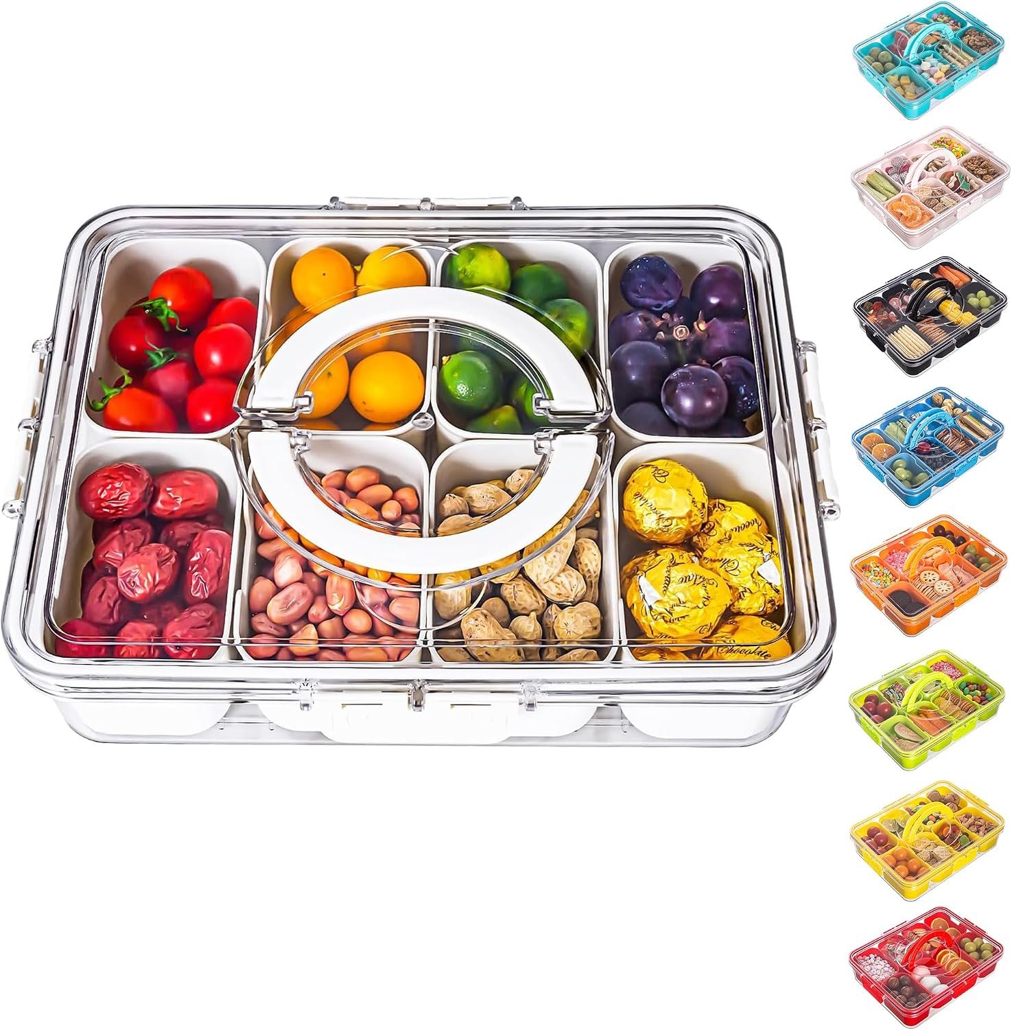 Dingerjar Divided Serving Tray with Lid and Handle – Snackle Box Charcuterie Container for Portable Snack Platters – Clear Organizer for Candy, Fruits, Nuts, Snacks – Perfect for Party, Entertaining