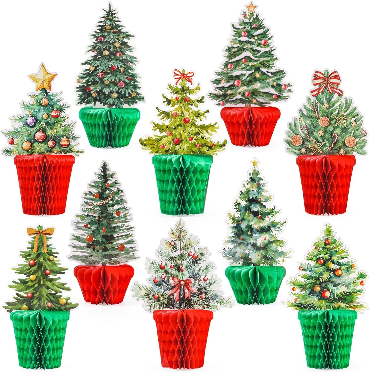 Whaline Christmas Tree Honeycomb Centerpieces Xmas Red Green 3D Pot Plant Paper Table Toppers for Holiday Party Home Decorations, 10 Pcs