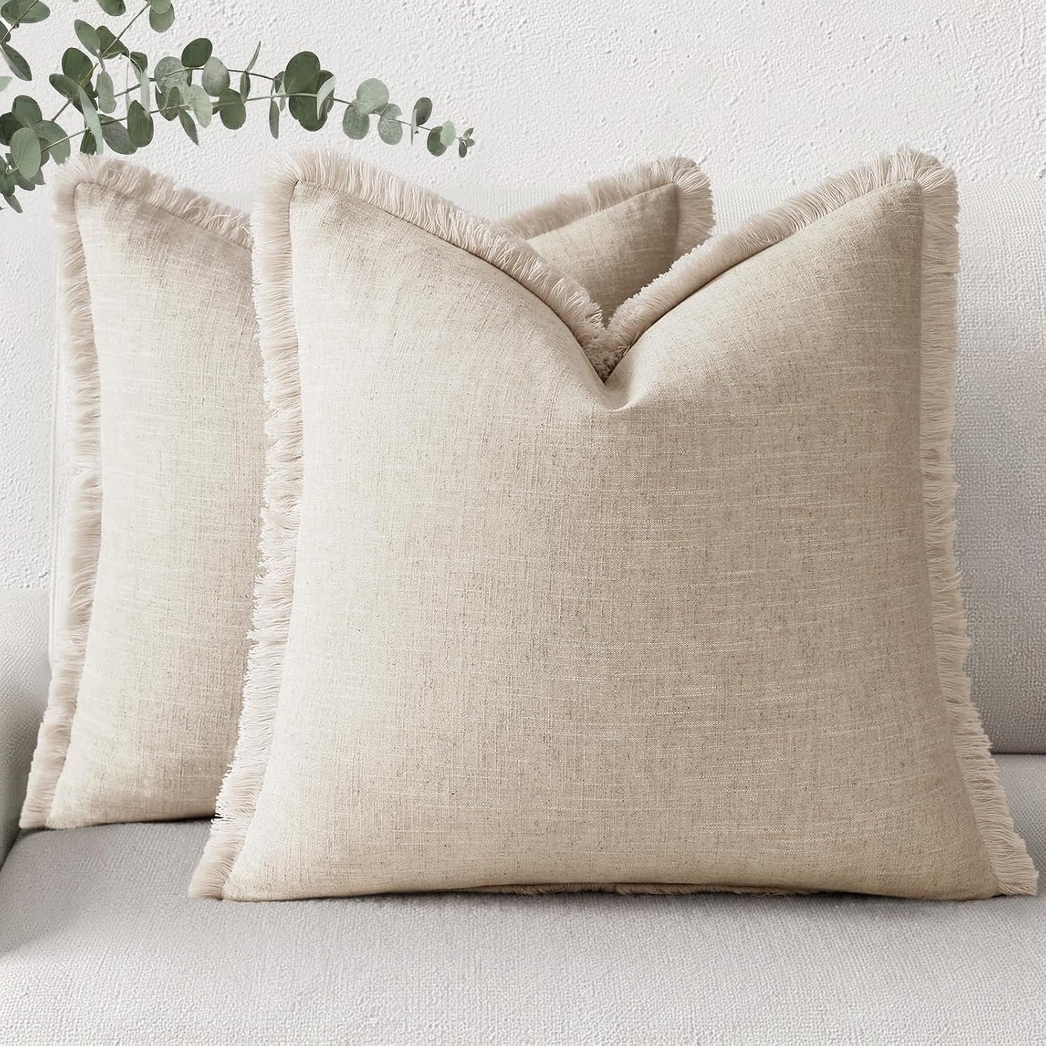 decorUhome Linen Fringe Natural Beige Throw Pillow Covers 18×18 Set of 2 | Decorative Soft Accent Modern Boho Farmhouse Cushion Covers with Tassels Cotton Pillow Covers for Couch Bed Sofa