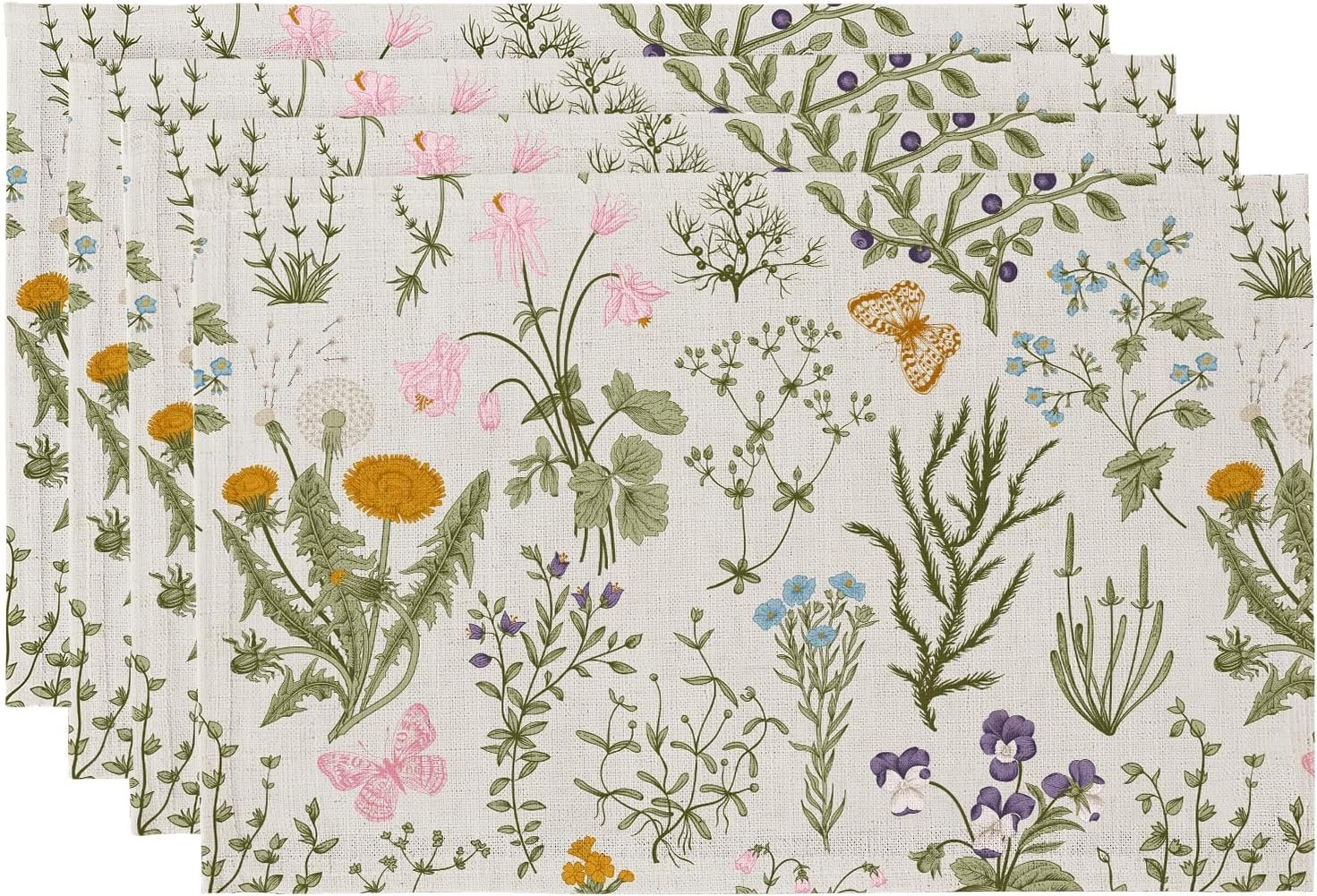 QIYI Boho Table Placemats Set of 4, 12″x18″ Linen Place Mats, Wildflowers | Fabric Place Mats for Kitchen Dinning, Farmhouse Rustic Cloth Table Mats, Washable Placemat Party Table Décor