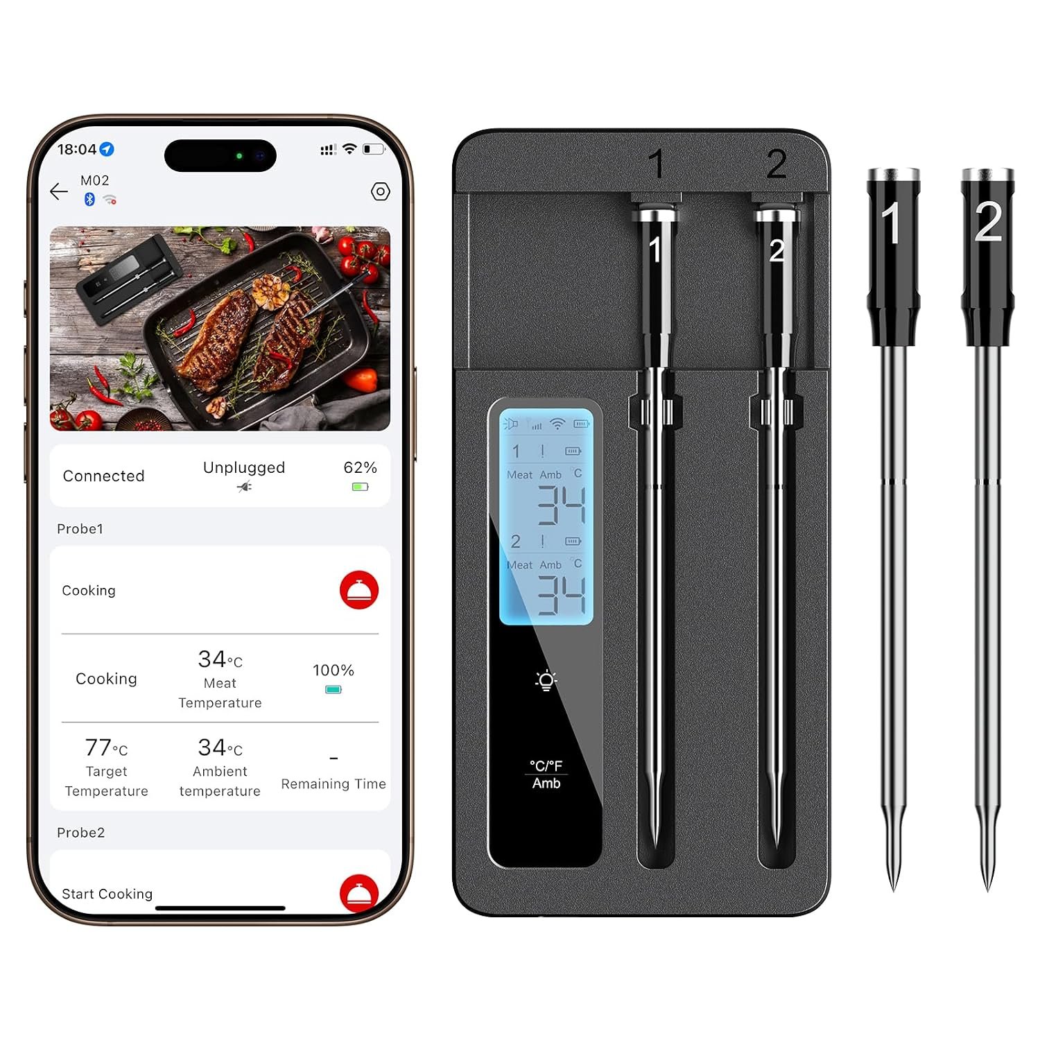 Smart Wireless Meat Thermometer Dual Probes with WiFi Bluetooth Combo | Features remote monitoring and smart alerts. Ideal for BBQ, grill, smoker, kitchen oven and air fryer cooking