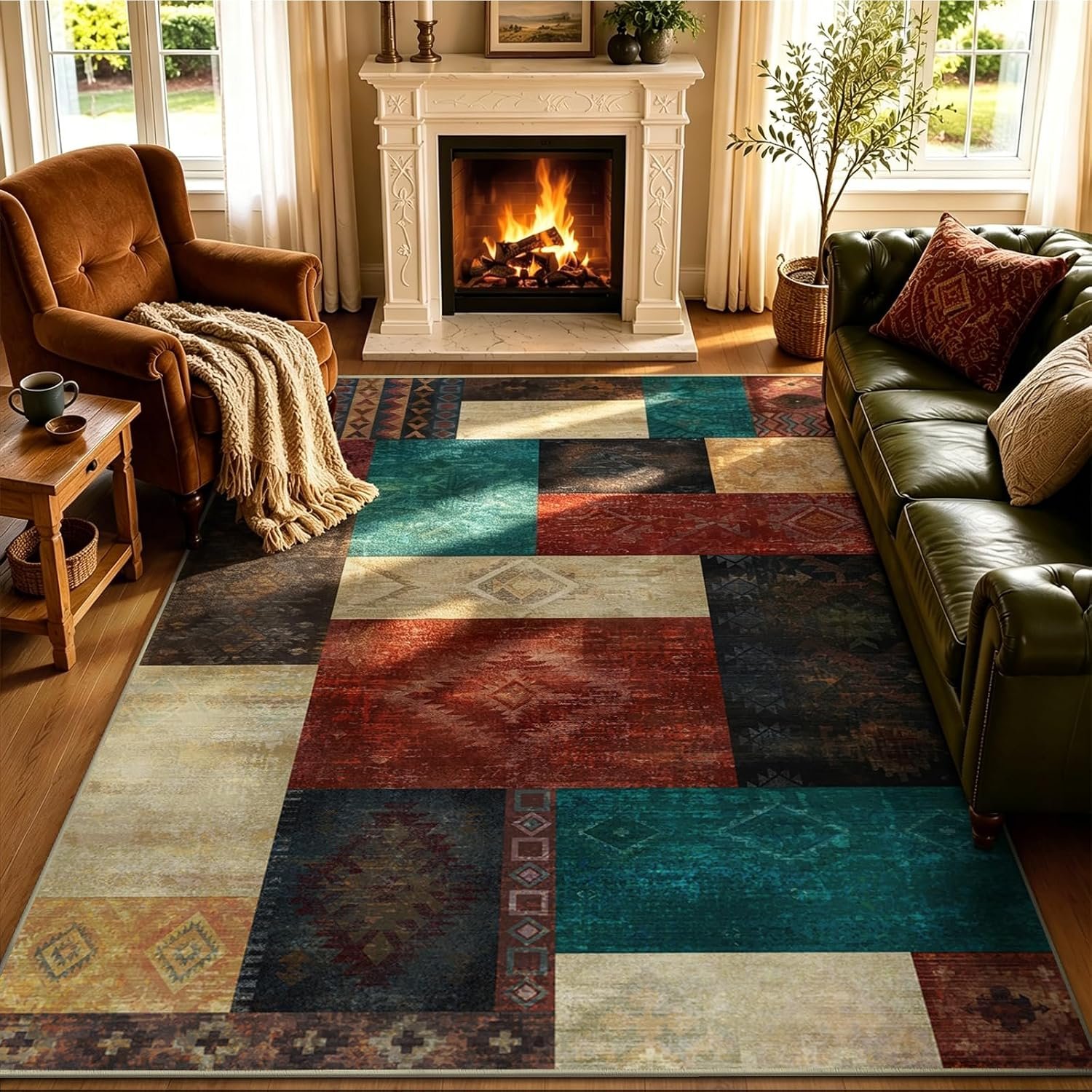 Yinhua Living Room Rug 5×7 Geometric Area Rugs Washable Non Slip, Colofrul | Soft Faux Wool Carpet with Rubber Backing, Low Pile, Pet Friendly, Stain Resistant, Vintage Patchwork Rug for Bedroom Office