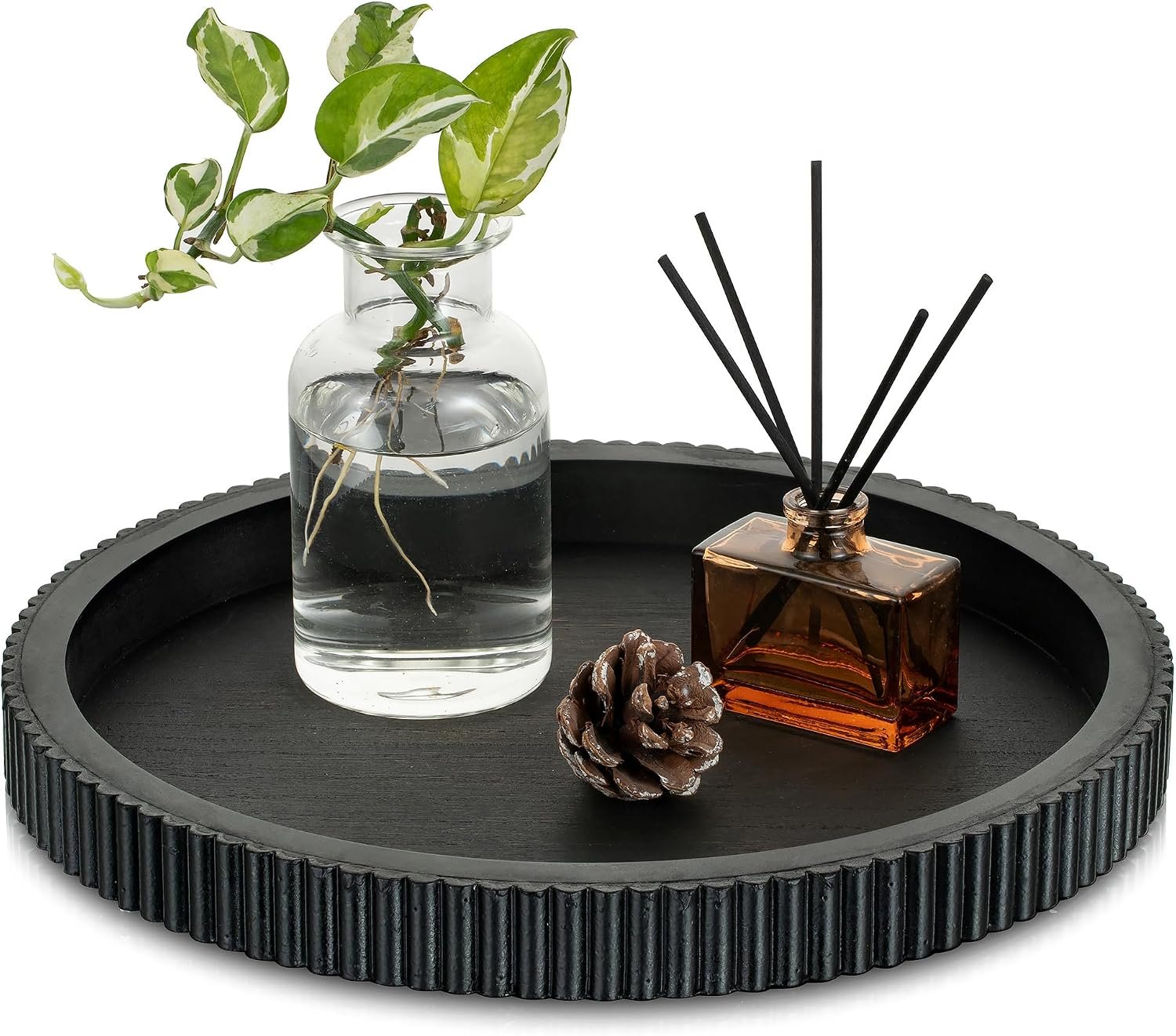 Hanobe Black Decorative Coffee Table Tray, Scalloped Edge | 12″ round wood centerpiece tray, ideal for living room, entryway table, kitchen island, fits modern decor.