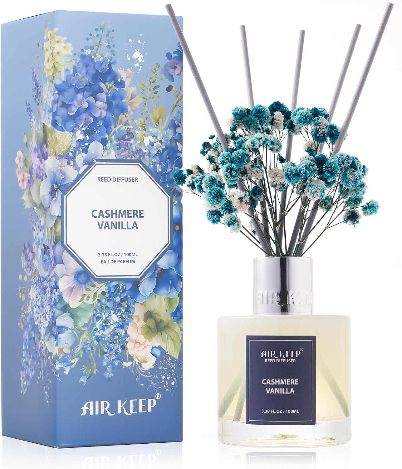 Reed Diffuser Set,3.38 fl oz (100 ml) – Cashmere Vanilla Oil Diffusers with 8 Reed Sticks, Home Fragrance Reed Diffuser for Bathroom Shelf Decor