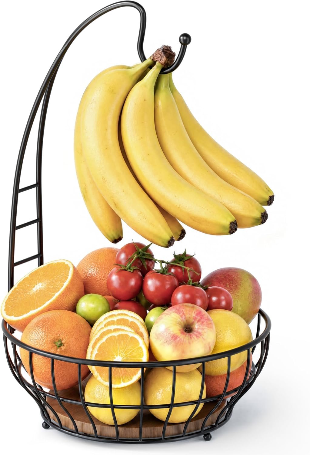 Large Capacity Fruit Basket for Kitchen Counter with Banana Hanger and Wooden Base, Large Countertop Fruit and Vegetable Storage Holder