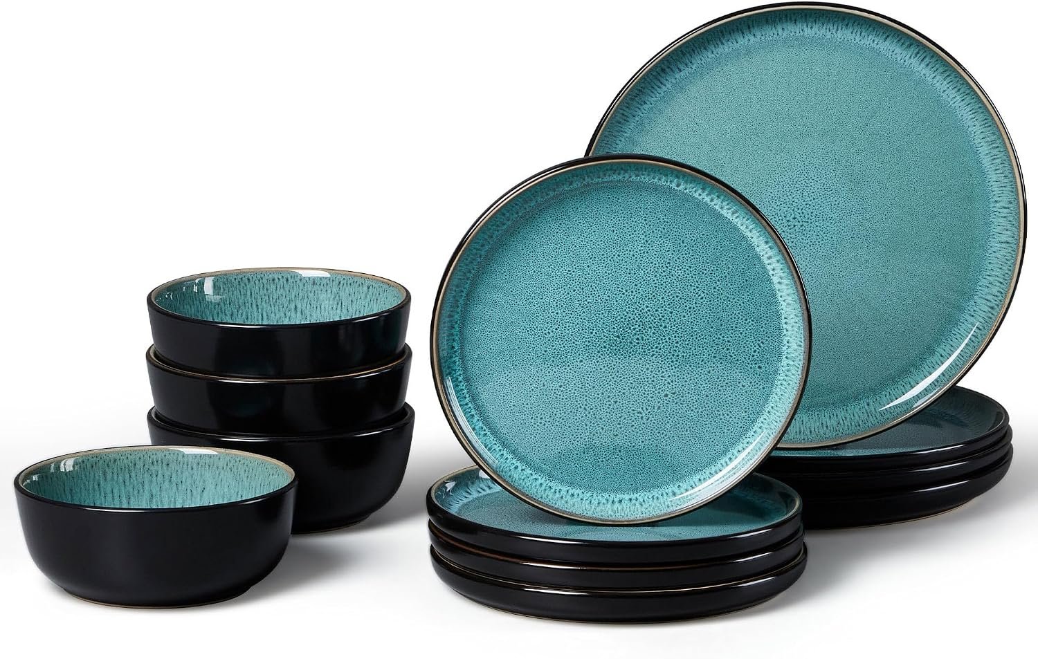 LIANYU Ceramic Dinnerware Sets for 4, 12 Piece Dishes Set, Pastel Turquoise | Stoneware Plates and Bowls, Scratch Resistant Round Kitchen, Dishwasher and Microwave Safe Dinning Ware Set