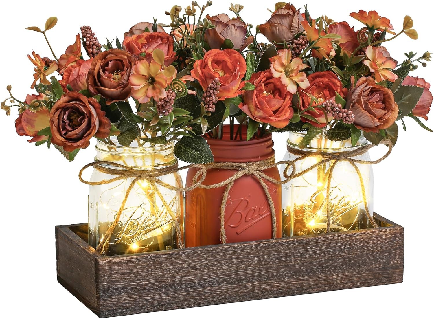 3 Pcs Mason Jar Centerpiece Table Decorations for Dining Table Decor Farmhouse Coffee Table Decor with Wood Tray and Led Light Table Centerpieces for Dining room Kitchen Living Bathroom,Orange | Rustic Farmhouse Decor for Home Décor Accents Kitchen Counter Decor Dining Room Living Bathroom,Orange
