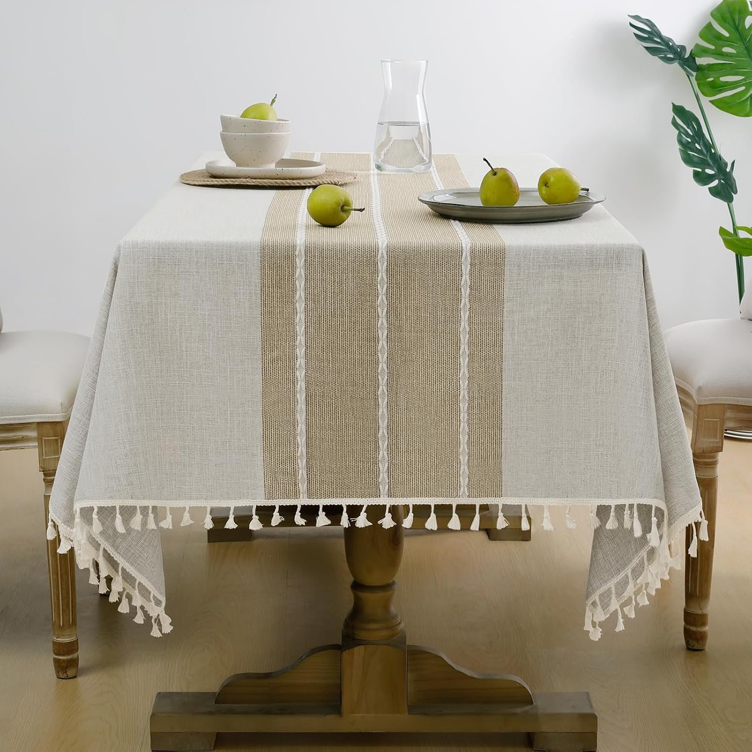Softalker Outdoor Linen Tablecloth Rectangle, Waterproof Cotton Boho Farmhouse Table Cloths with Tassel, Heavy Weight Wrinkle Free Table Cover for Picnic Camping Dining – 55 x 70 Inch, Coffee Lines