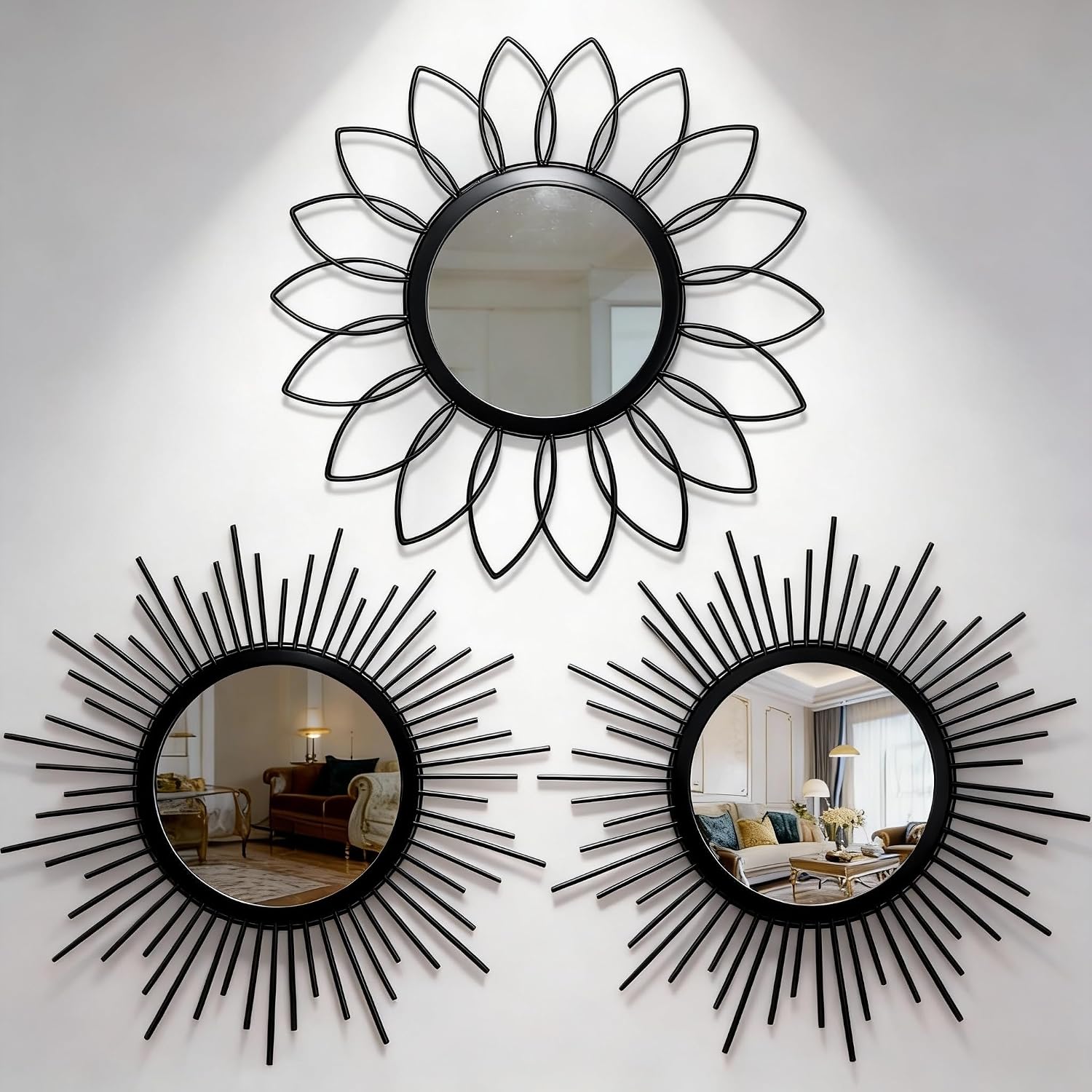 Set of 3 Black Metal Sunburst Wall Mirrors – 12″ Round Decorative Art for Living Room Bedroom Bathroom Entryway, No Assembly Required, Rust Resistant Design