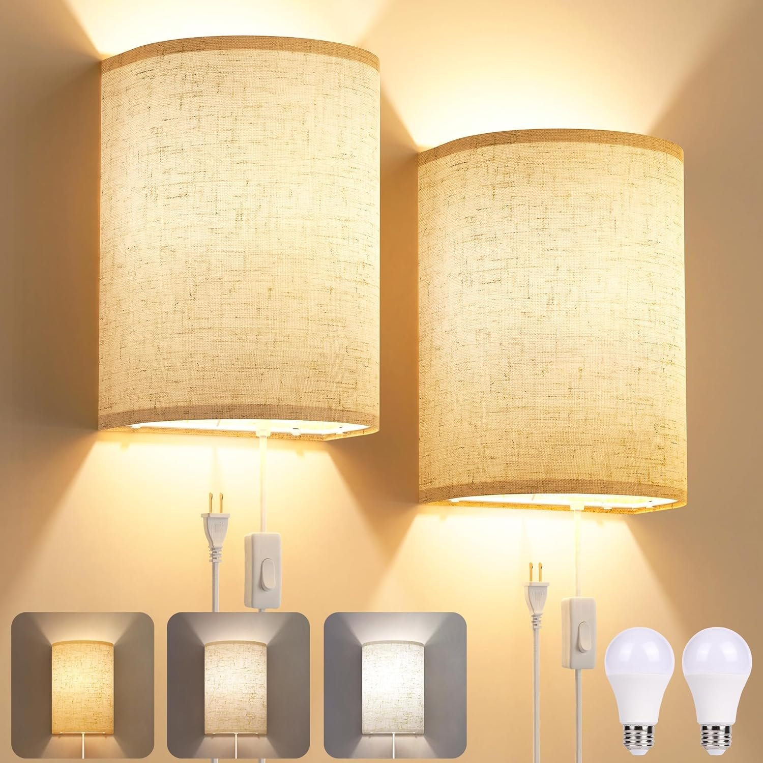 Yunaking Plug in Wall Sconces Set of Two Wall Lights with On/Off Switch | Stepless Color Temperature Wall Lamps with Fabric Linen Shade for Bedroom Living Room & Hallway- Indoor Corded Wall Decor