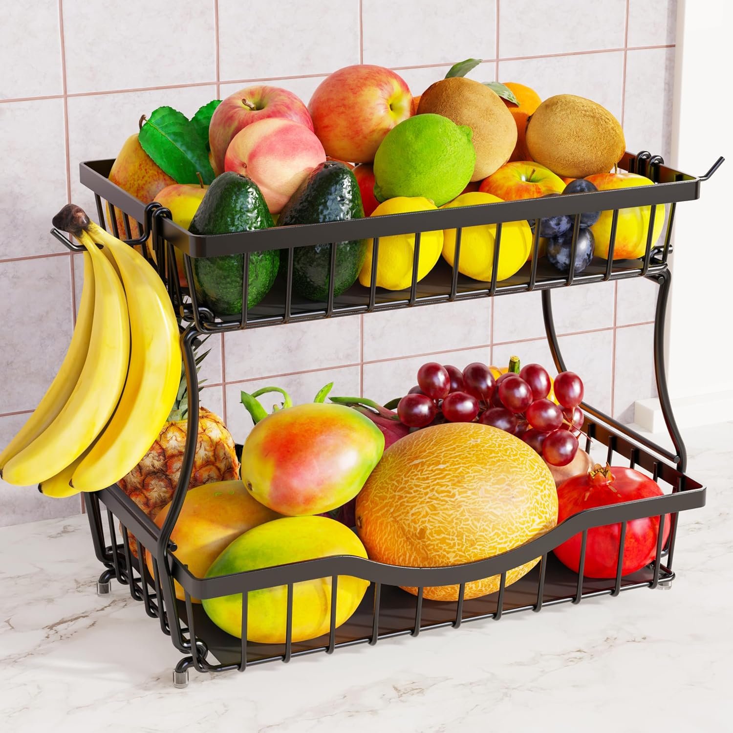 Large 2 Tier Fruit Basket for Kitchen Counter with 2 Banana Hangers, Black | Metal Fruit Bowl with Protection Mats for Vegetables, Snacks & Bread | 14.5″ W x 9.5″ D