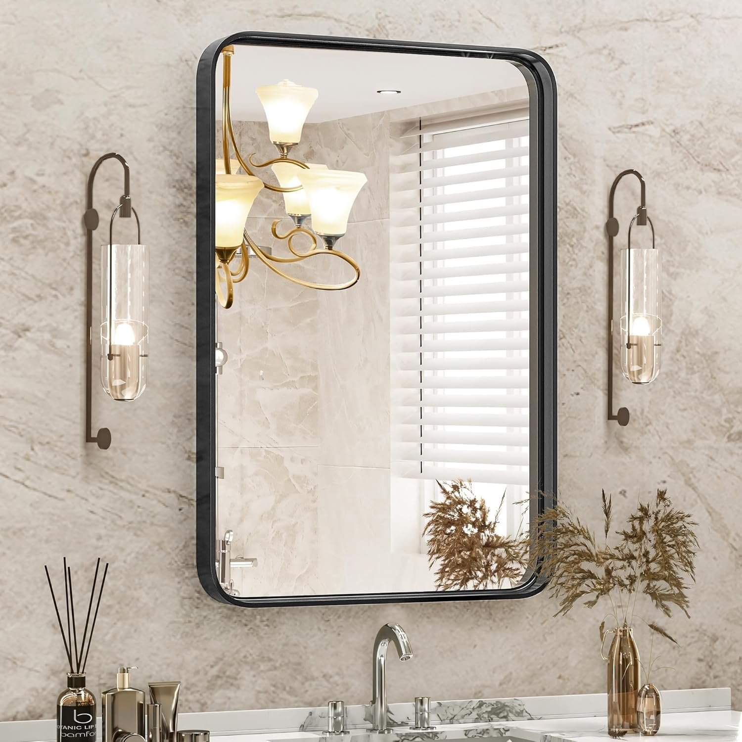 DUMOS Black Metal Framed Vanity Rounded Rectangle Bathroom Mirrors for Over Sink Wall, 30×22 Inch Matte Large Mirror, Modern Decorative for Restroom, Farmhouse, Horizontally or Vertically Hanging