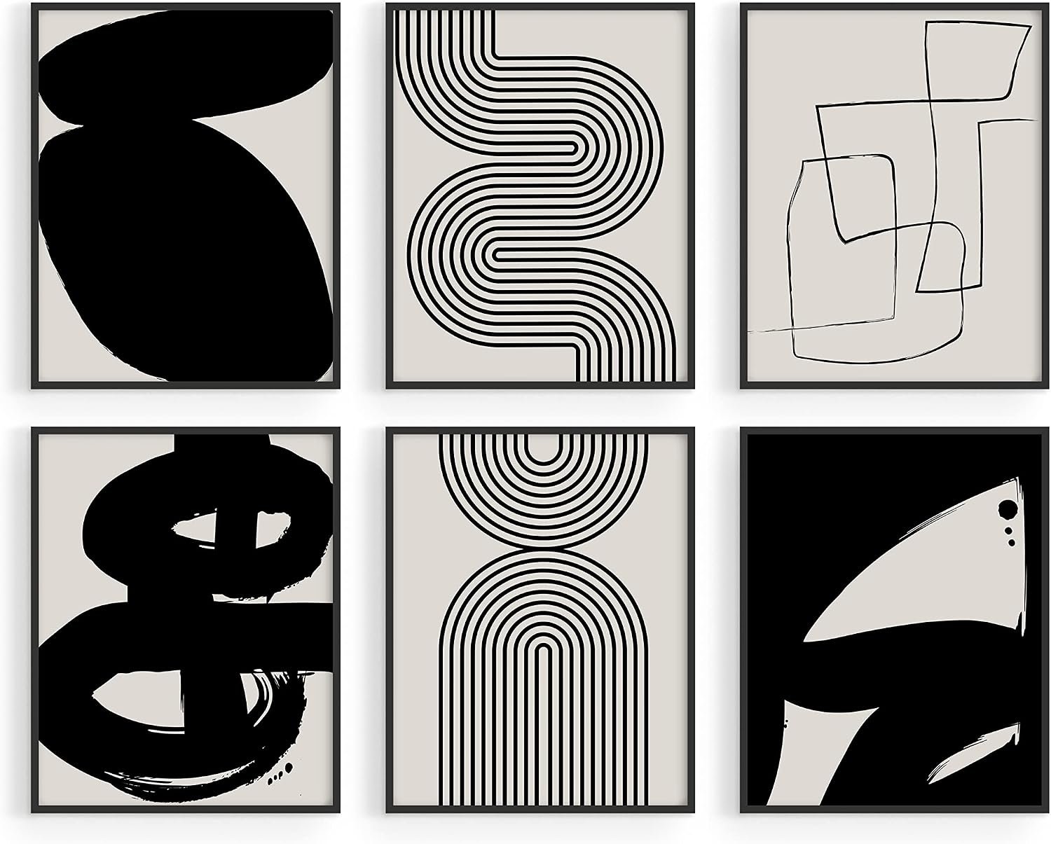 HAUS AND HUES Black Abstract Painting Aesthetic – Set of 6, Modern Abstract, Black and Gray, One Line Abstract Art, Geometric Print, Minimalist wall art (8″ x 10″, UNFRAMED)