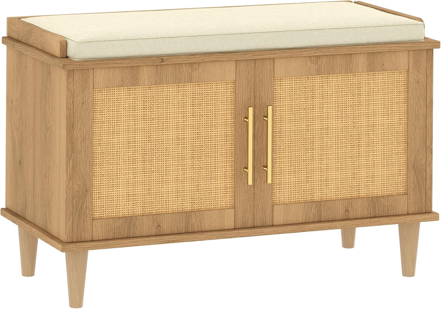 Akxomel 31.5″ Rattan Shoe Storage Bench 2 Doors Wooden Entryway Bench Oak | 2 Tier Shoe Bench with Padded Cushion, Adjustable Shelves and 2 Doors, Solid Wood Legs, for Hallway, Living Room, Bedroom