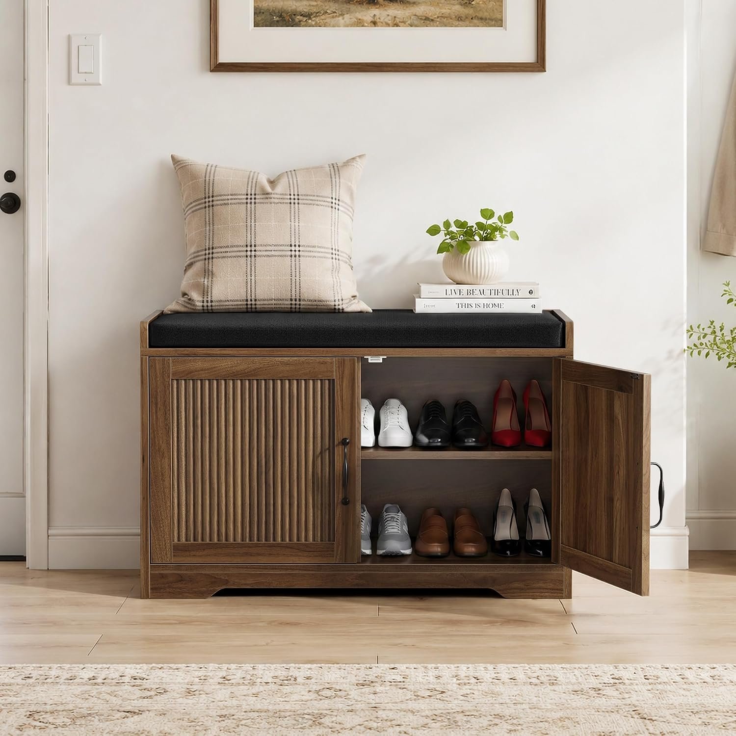 31.5″ Walnut Entryway Shoe Bench with Double Fluted Doors & Cushioned Seat | Shoe Storage, Entryway Bench