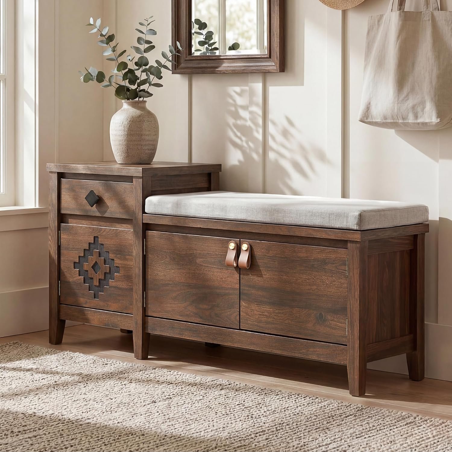 Entryway Bench with Storage, 3 in 1 Storage Bench with 1 Drawer and 2 Cubbies, 44″ Rustic Wooden Seat with Cushion for Living Room, Bedroom, Entry Hall (Walnut)