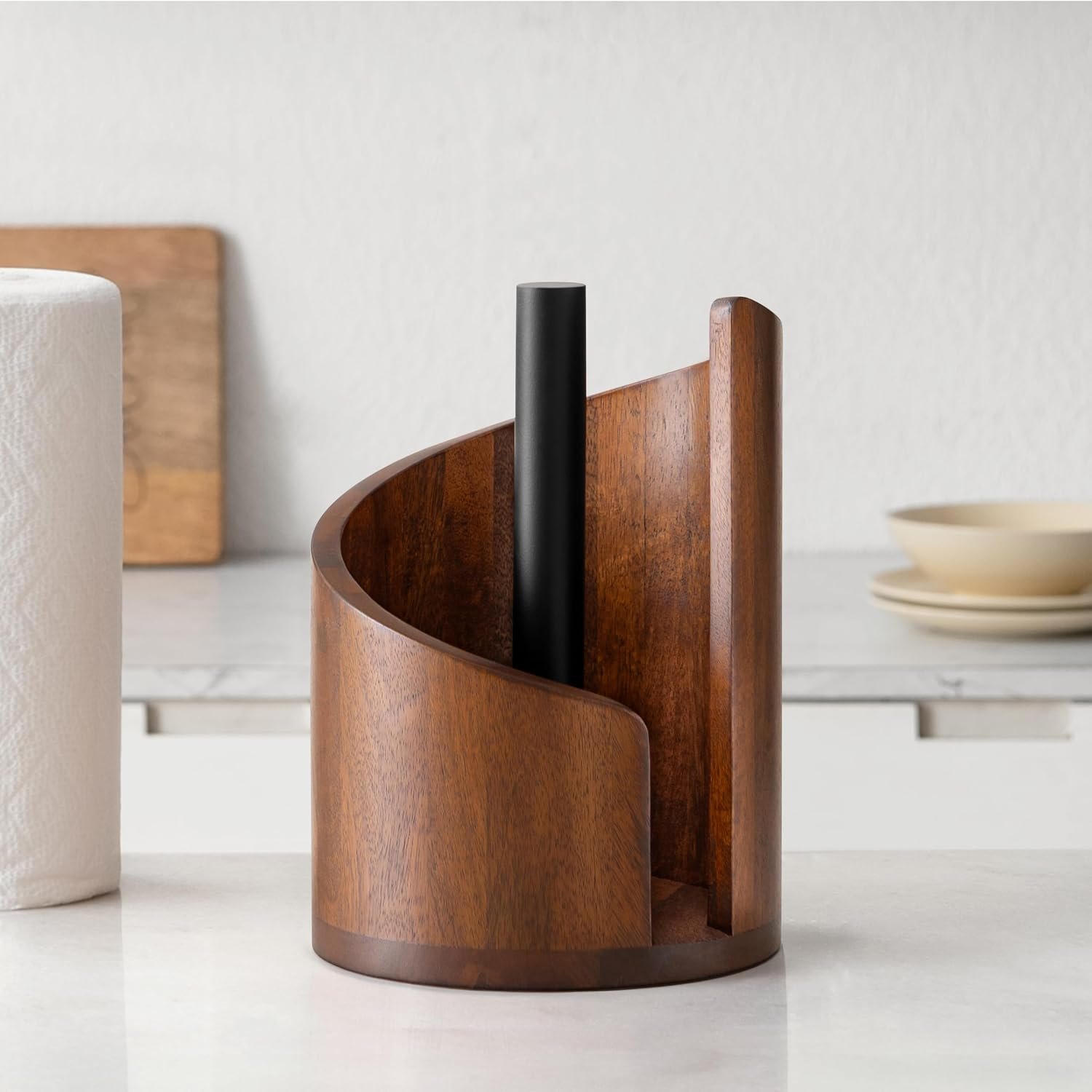Anji Mountain Wooden Paper Towel Holder with Metal Holder, Holder Stand for Kitchen Roll Organizer & Kitchen Dining Table Home Décor, Countertop Fits Jumbo & Mega Rolls – Walnut/Black, Classic