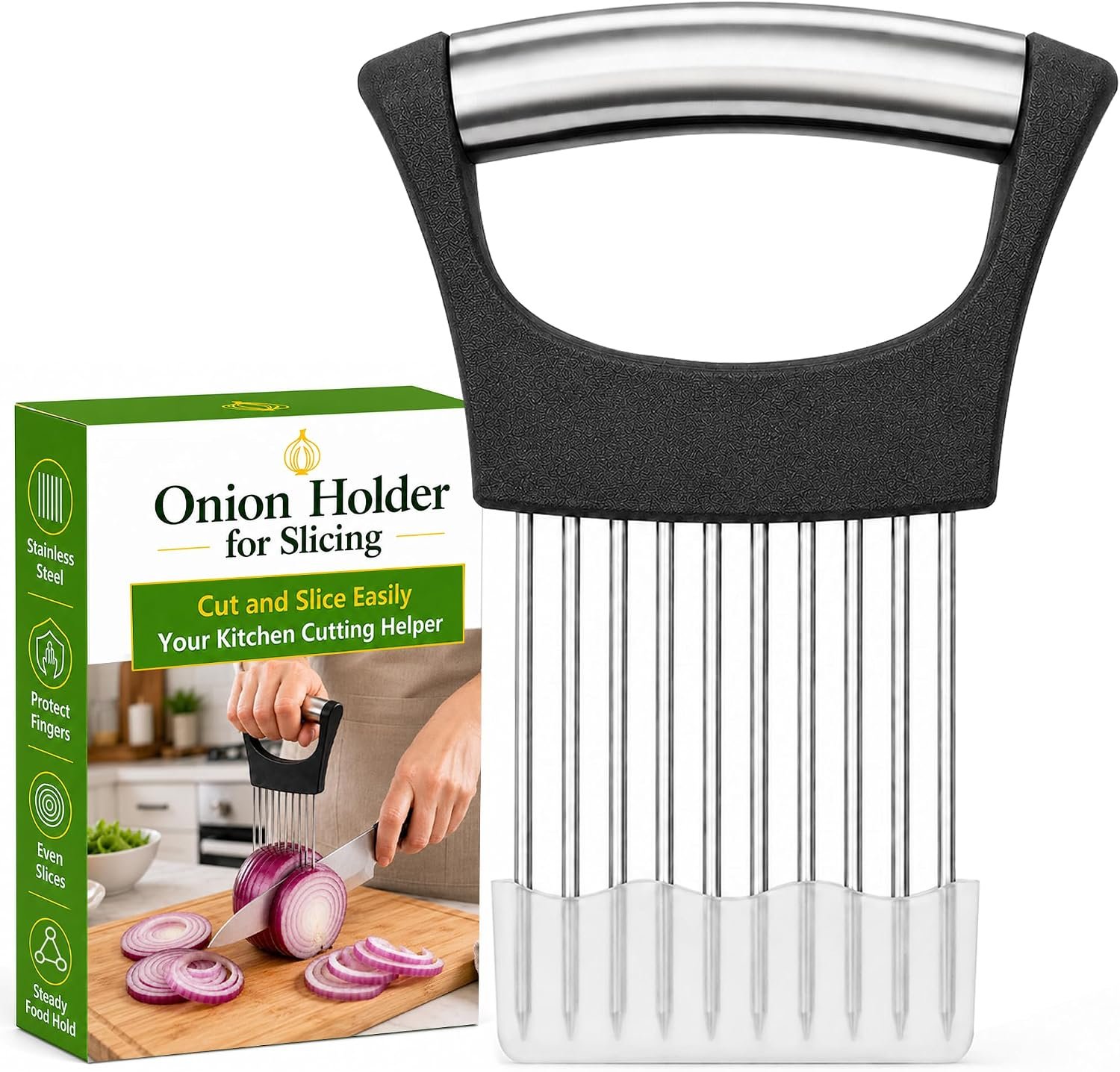 Onion Slicer, Stainless Steel Onion Holder for Slicing with Protective Cover, Onion Cutter Tool, Food Slicing Guide for Kitchen, Tomato, Potato, Lemon, Meat, Avocado, Egg, Fruit