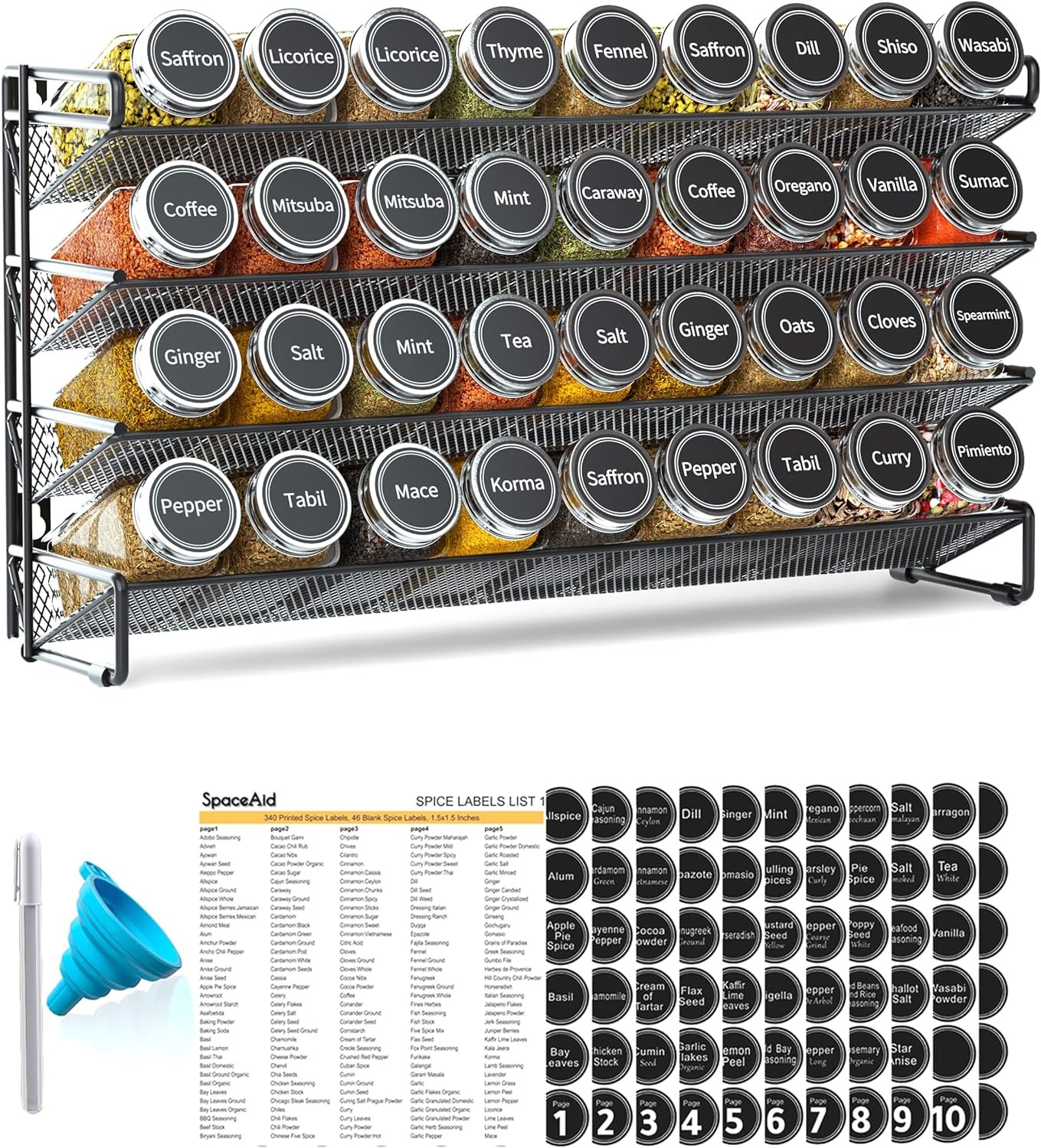 SpaceAid Spice Rack Organizer with 36 Spice Jars, 386 Spice Labels, Chalk Marker and Funnel Set for Cabinet, Countertop, Pantry, Cupboard or Door & Wall Mount – 36 Jars, 17.2″ W × 10.8″ H, Black