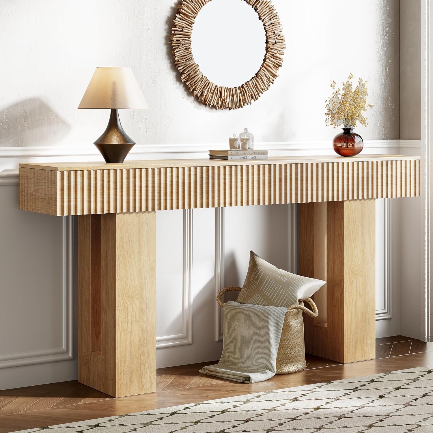 63-Inch Long Entryway Console Table with a Fluted Design, Thick Wood Farmhouse Sofa Table Behind Couch, Narrow Hallway Accent Table for Living Room, Foyer, Entrance, Natural Oak