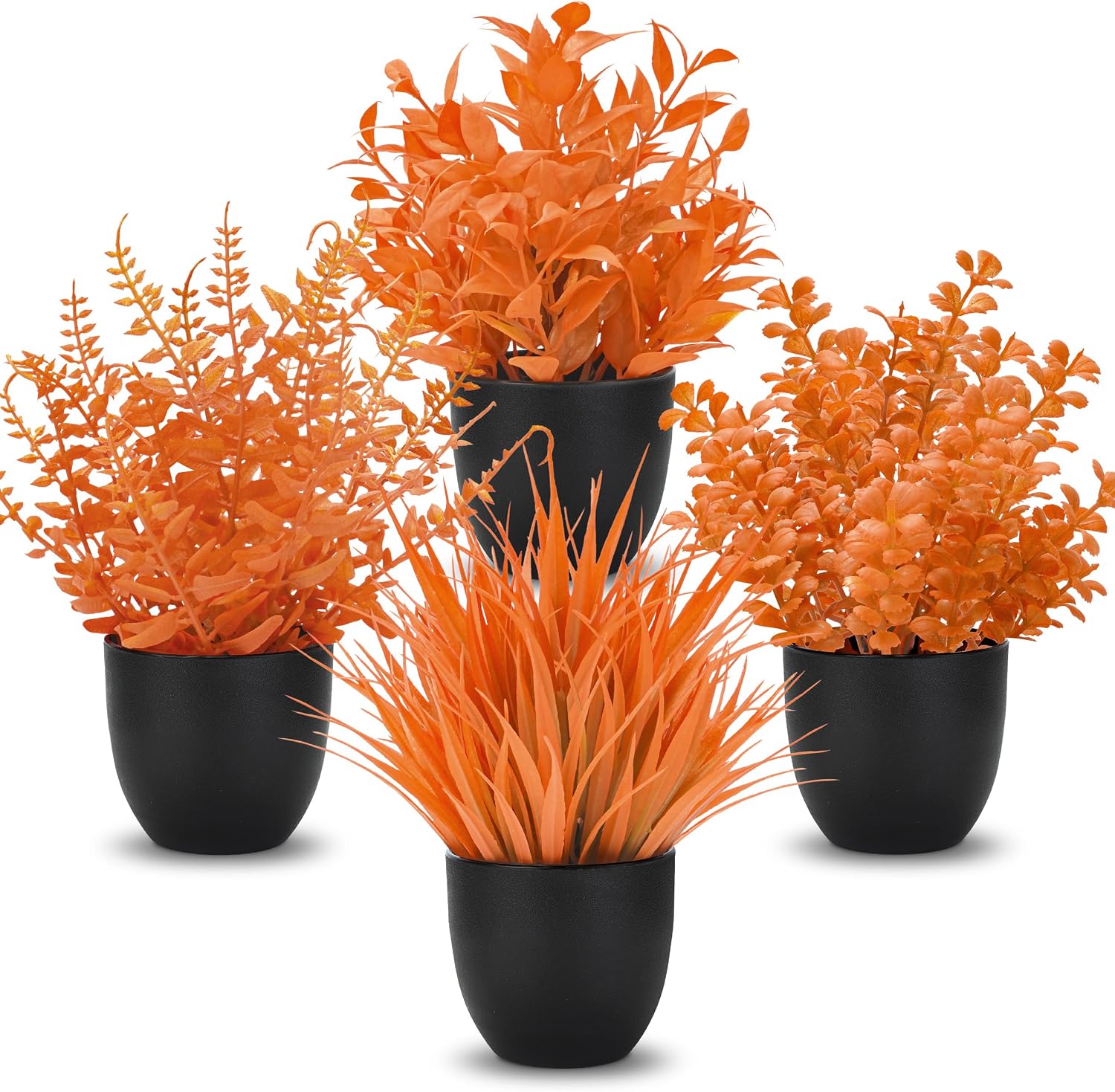 Der Rose 4 Pack Fall Fake Plants in Black Pots, Autumn Home Decor Indoor | Modern orange foliage, gothic Autumn fall artificial plants, for shelf desk bathroom office tabletop and Halloween decor