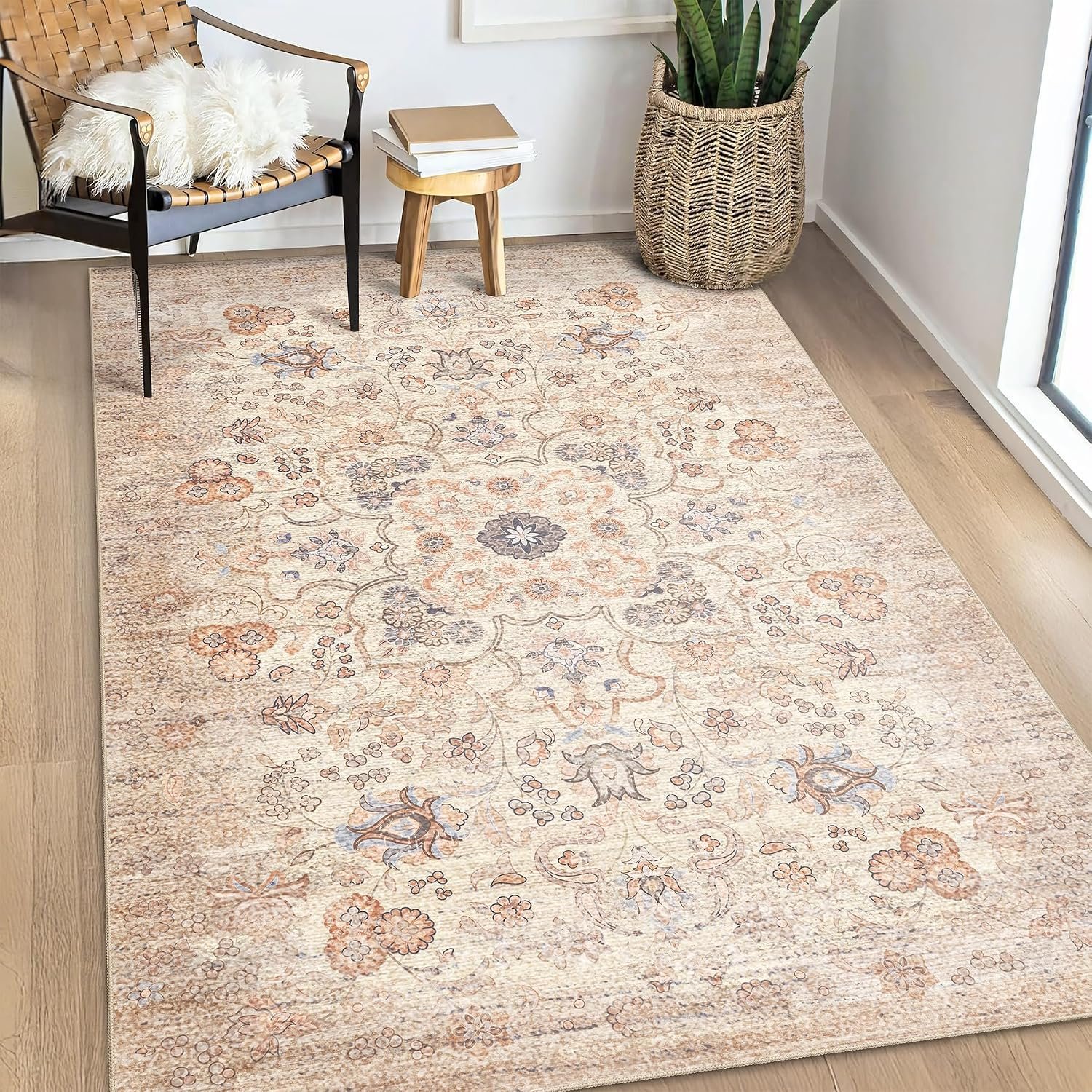 Boho Rug 3×5,Washable Area Rugs for Bedroom Living Room Kitchen Entryway,Small Vintage Bohemian Farmhouse Distressed Oriental Non Slip Carpet,Beige