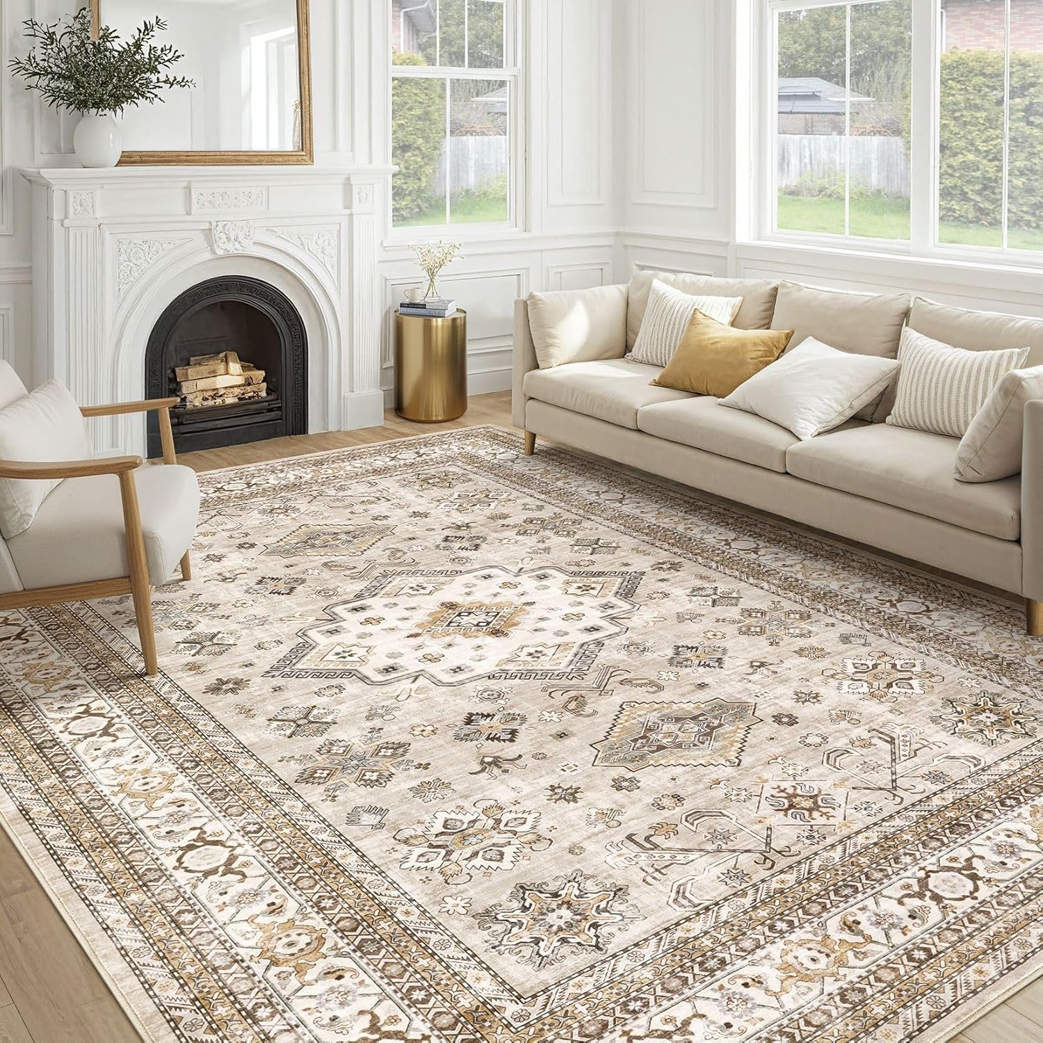 cotiled 9×12 Area Rug for Living Room, Washable, Traditional, Beige | Soft Distressed Oriental Design with Vintage Charm for Bedroom, Dining Room, and Home Office