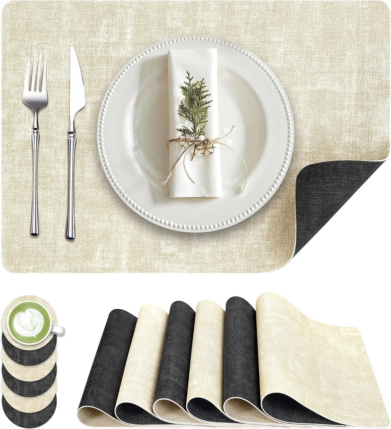 Fyvva Placemats Set of 6 Wipeable Reversible Faux Leather with Coasters | Waterproof, Non-Slip Rectangular Table Mats, Heat, Stain & Scratch Resistant, for Indoor & Outdoor Dining, Table Decor